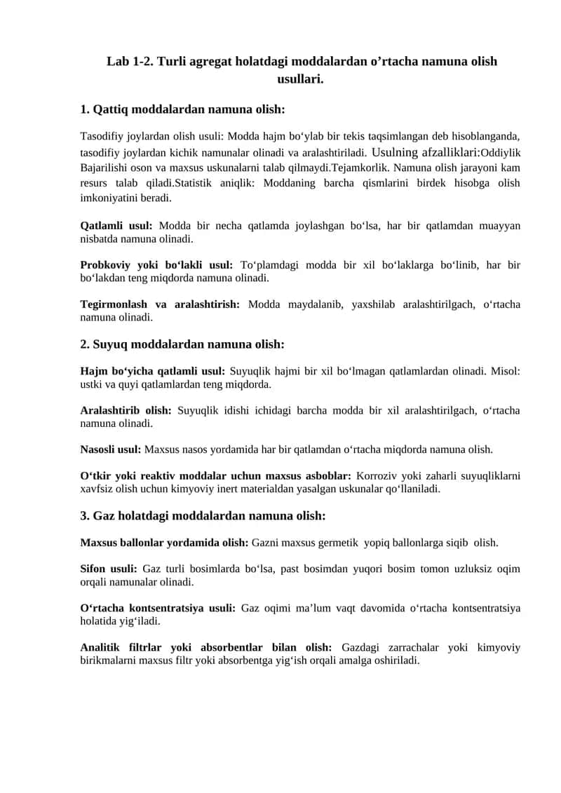Lab 1-2. Turli agregat holatdagi moddalardan o’rtacha namuna olish usullari 1