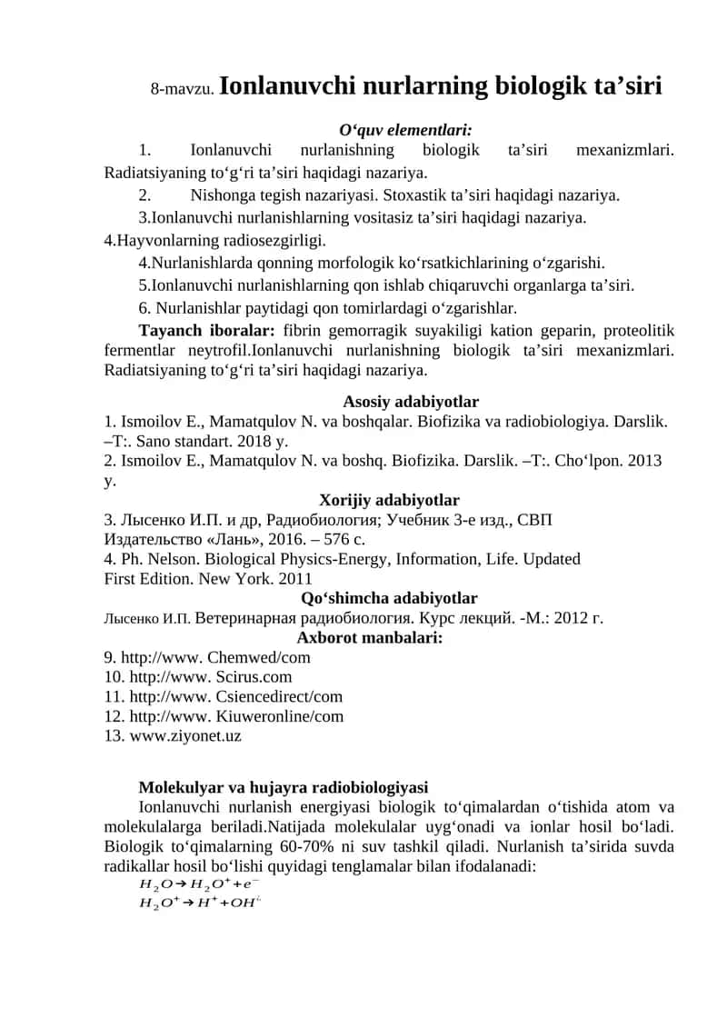 Ionlanuvchi nurlarning biologik ta’siri 1