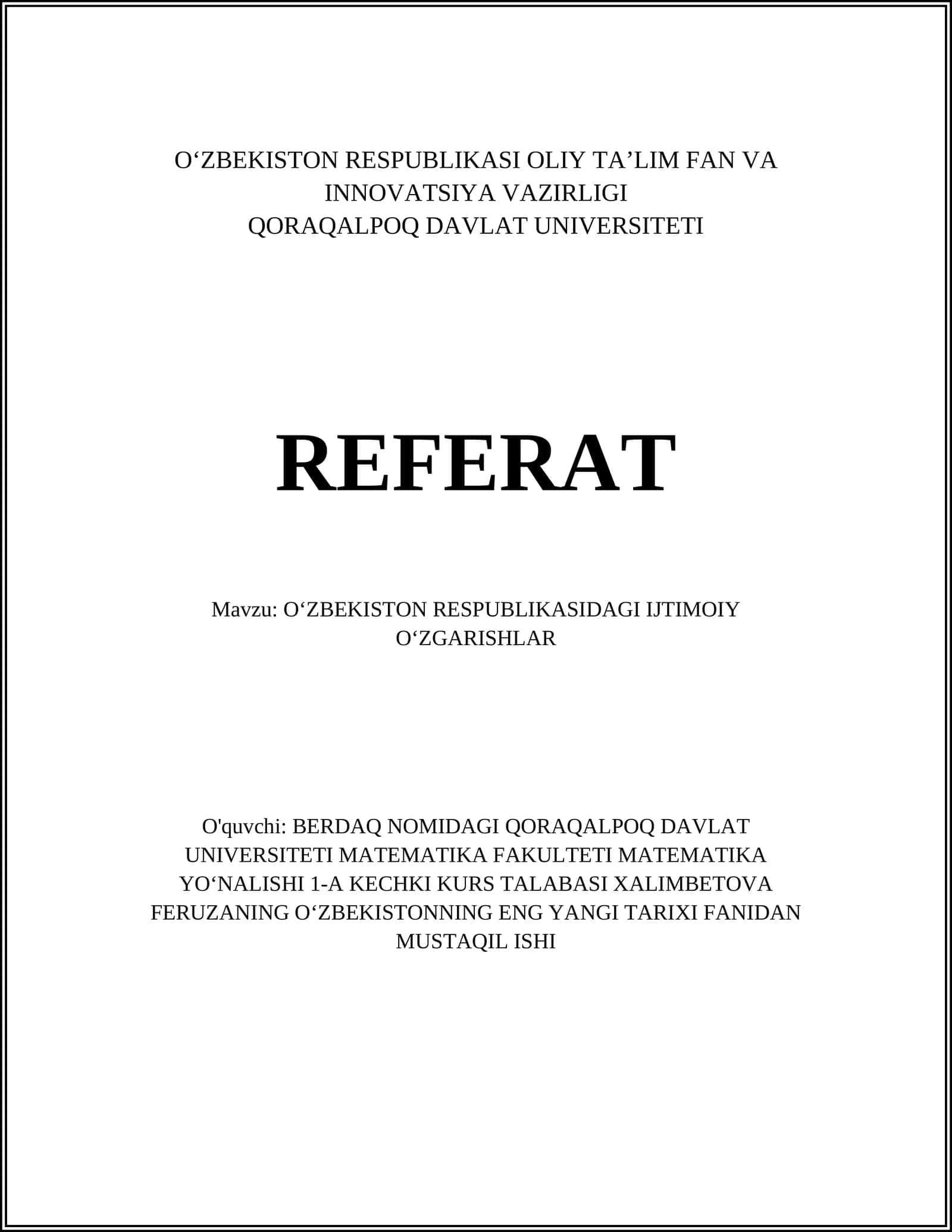 O‘ZBEKISTON RESPUBLIKASIDAGI IJTIMOIY O‘ZGARISHLAR 1