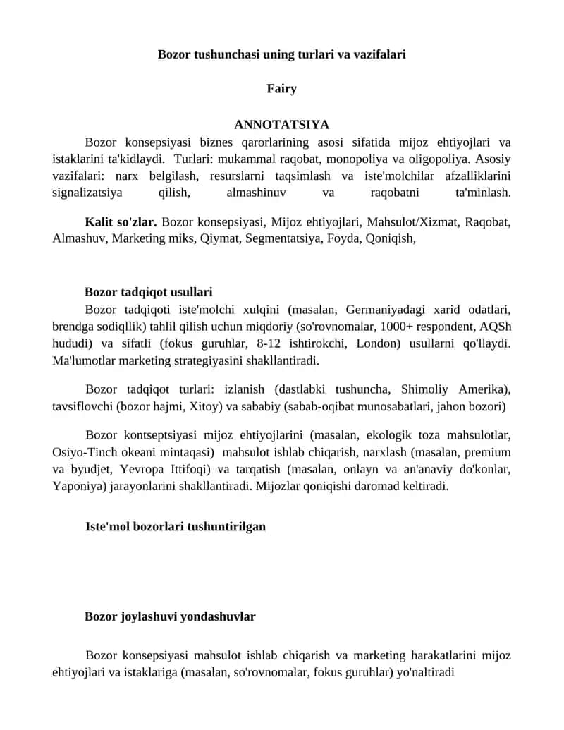 Bozor tushunchasi uning turlari va vazifalari 1