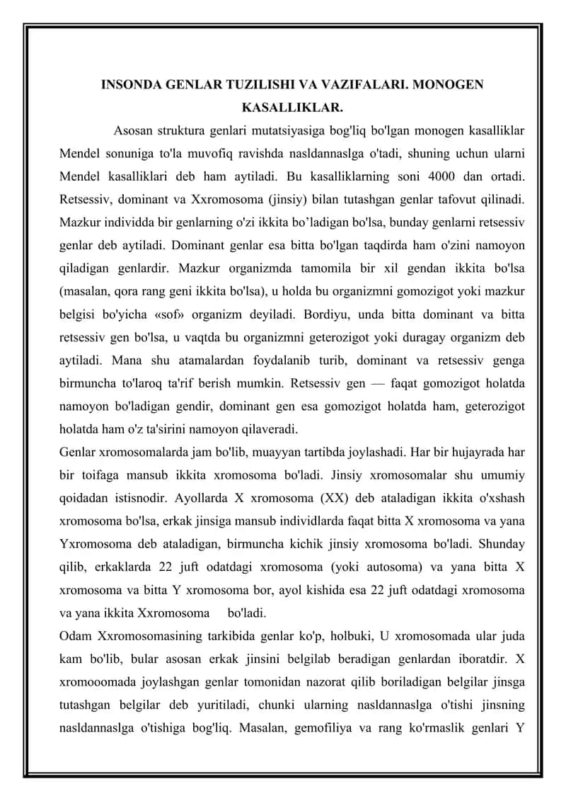 INSONDA GENLAR TUZILISHI VA VAZIFALARI. MONOGEN KASALLIKLAR 1