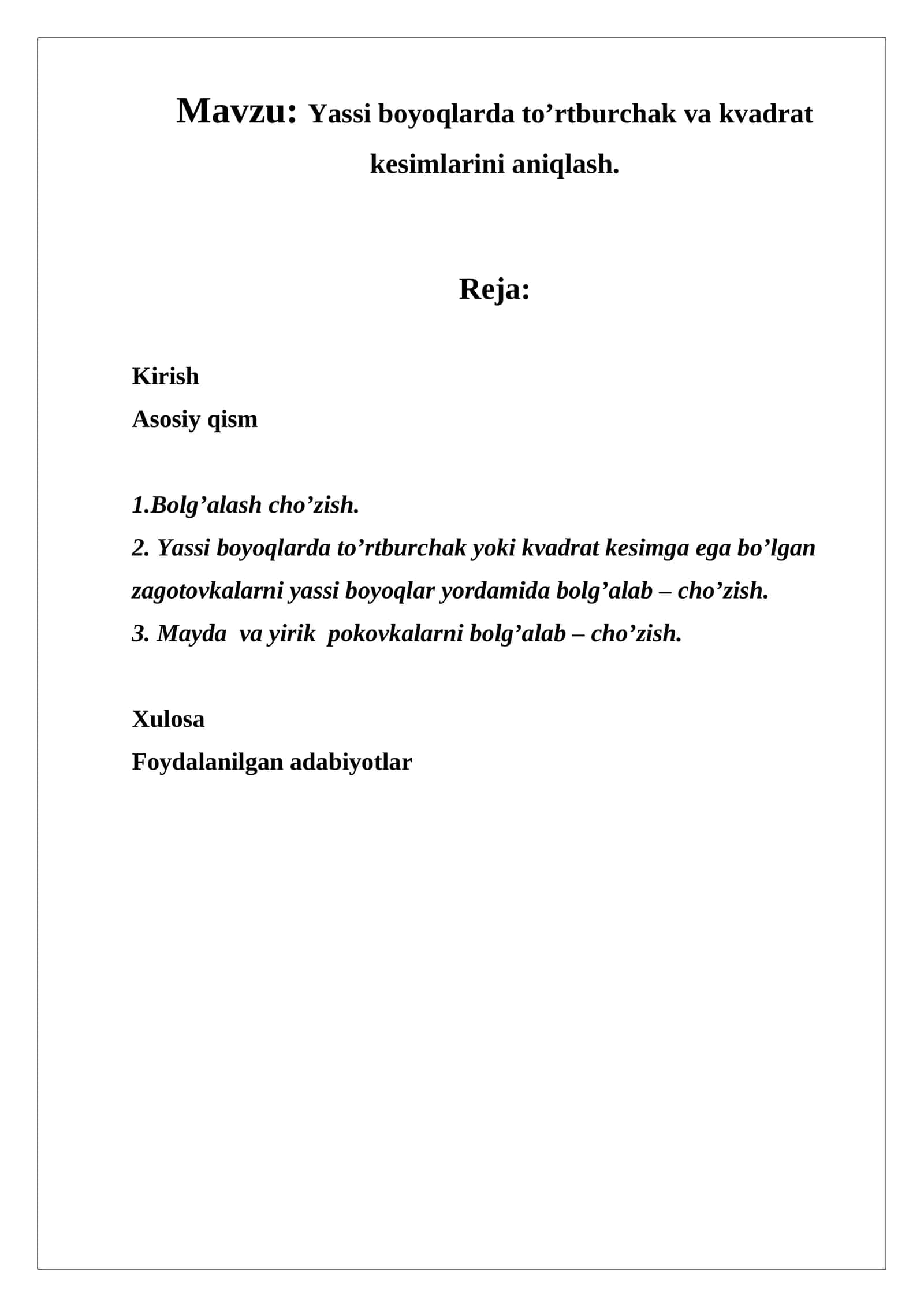 Yassi boyoqlarda to’rtburchak va kvadrat kesimlarini aniqlash 1