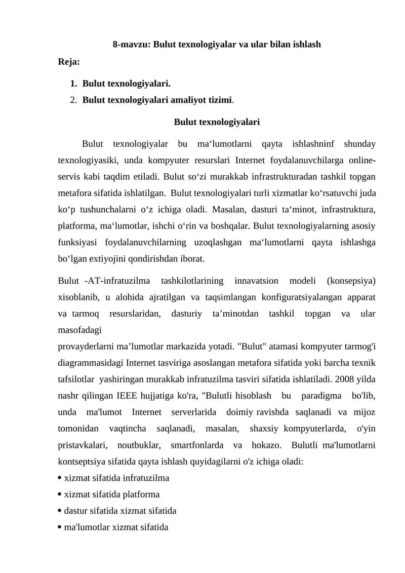 Bulut texnologiyalar va ular bilan ishlash 1