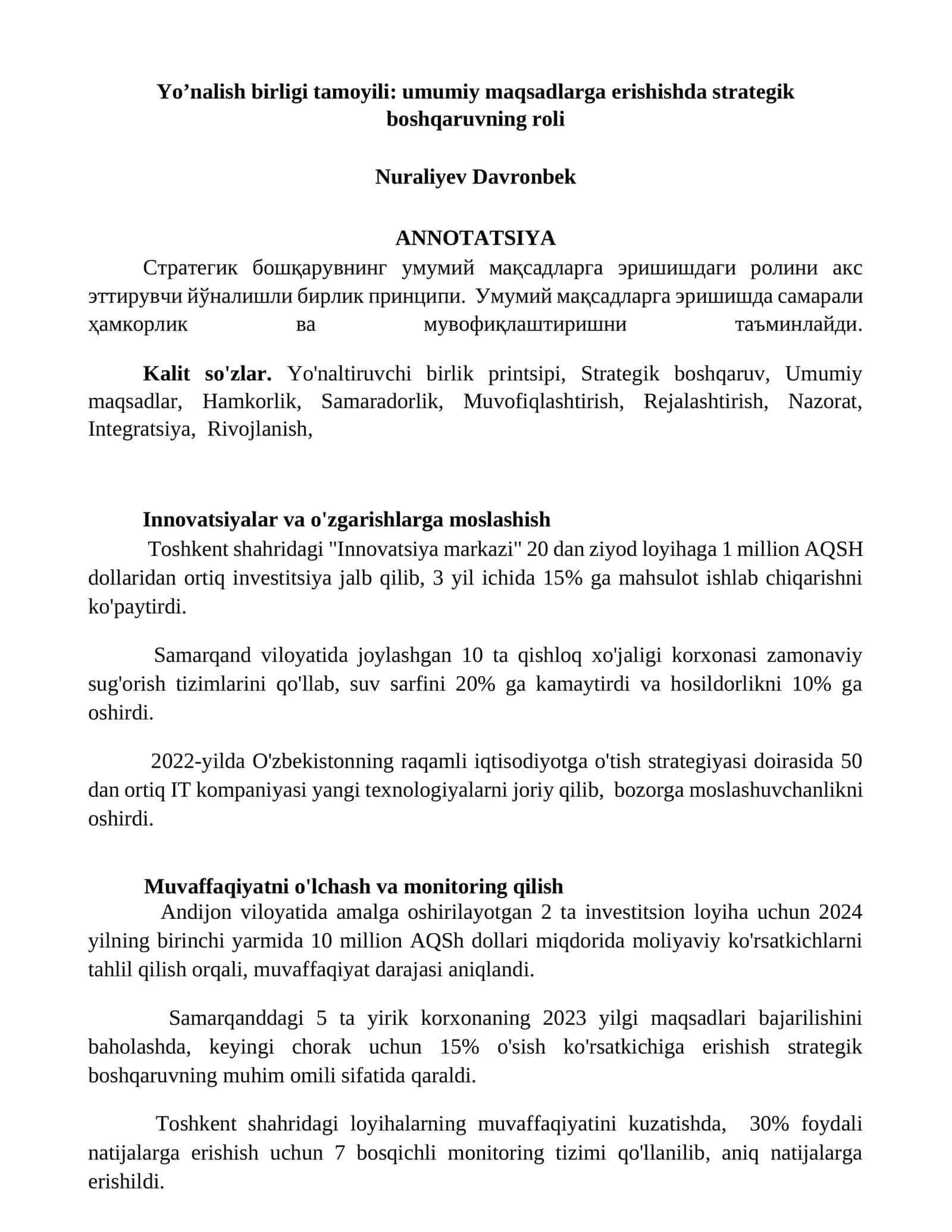 Yoʼnalish birligi tamoyili: umumiy maqsadlarga erishishda strategik boshqaruvning roli 1