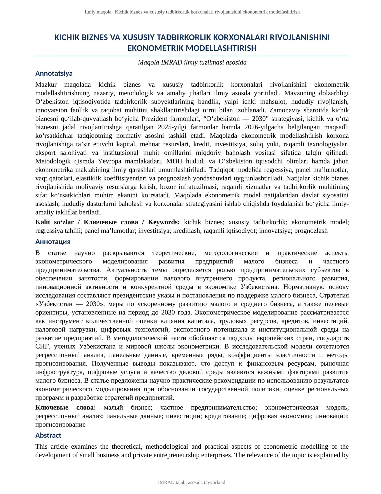 KICHIK BIZNES VA XUSUSIY TADBIRKORLIK KORXONALARI RIVOJLANISHINI EKONOMETRIK MODELLASHTIRISH 1