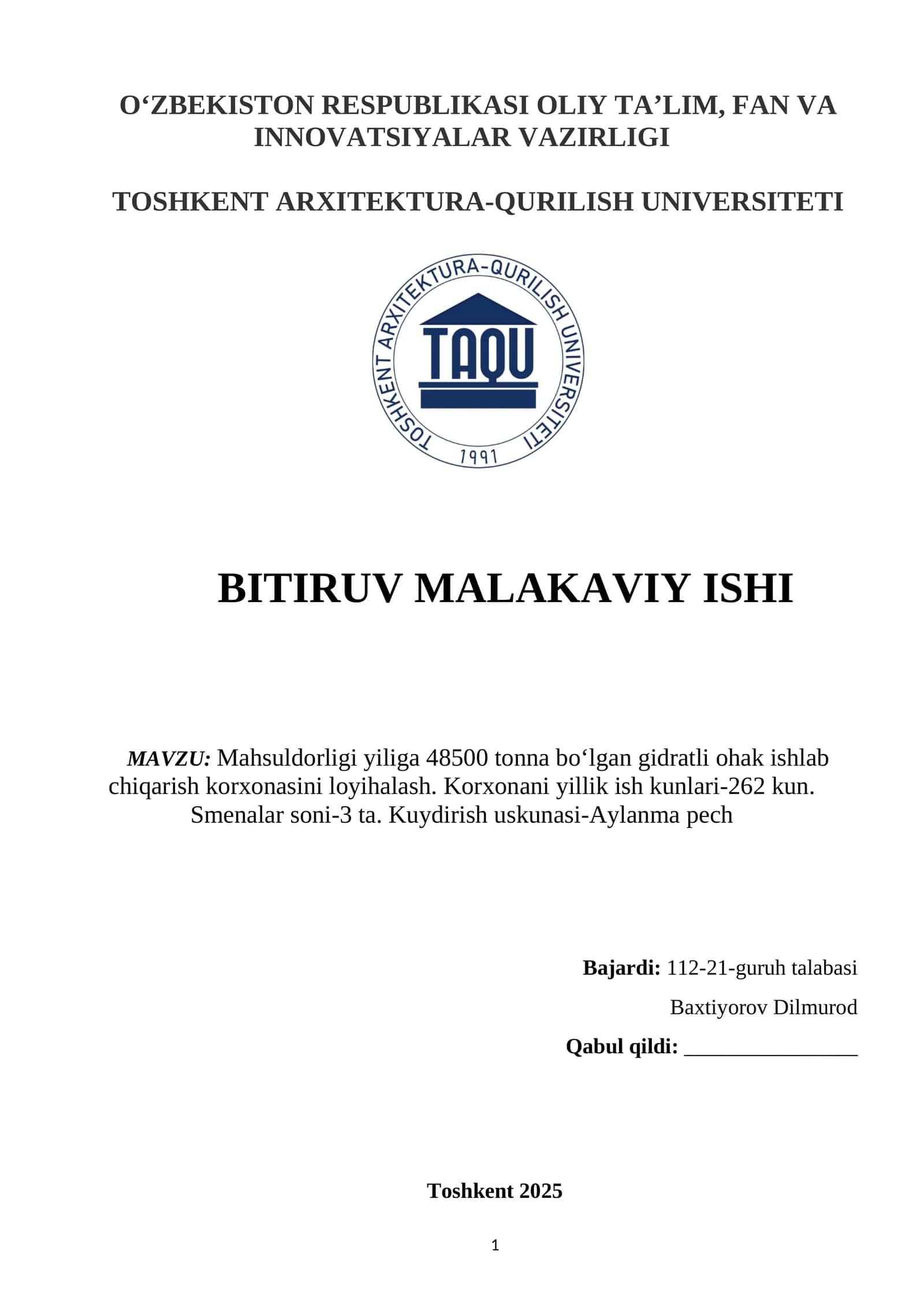 Mahsuldorligi yiliga 48500 tonna bo‘lgan gidratli ohak ishlab chiqarish korxonasini loyihalash. 1