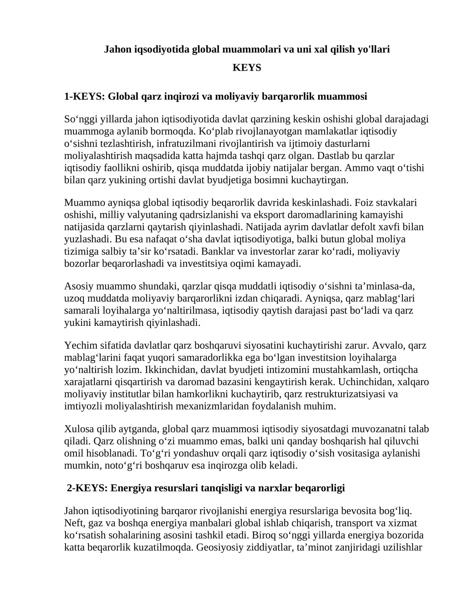 Global iqtisodiyotda global muammolar va uni xal qilish yo'llari 1