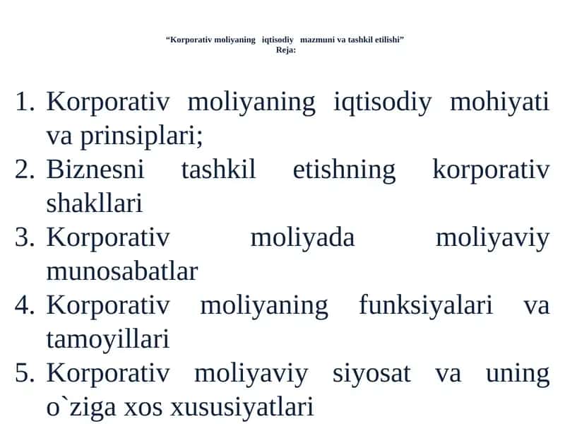 Korporativ moliyaning iqtisodiy mazmuni va tashkil etilishi 1