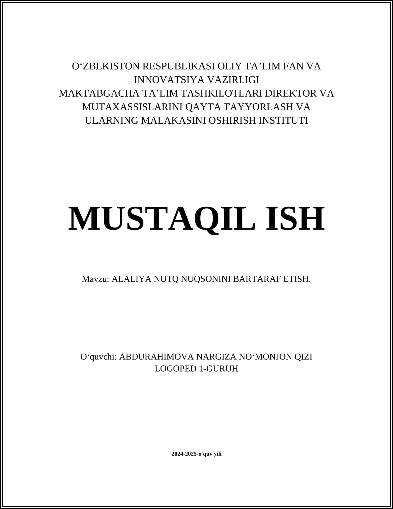 ALALIYA NUTQ NUQSONINI BARTARAF ETISH 1
