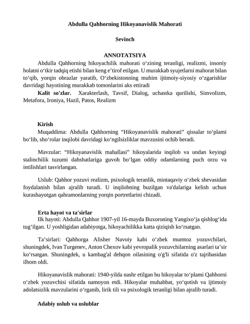 Abdulla Qahhorning Hikoyanavislik Mahorati 1