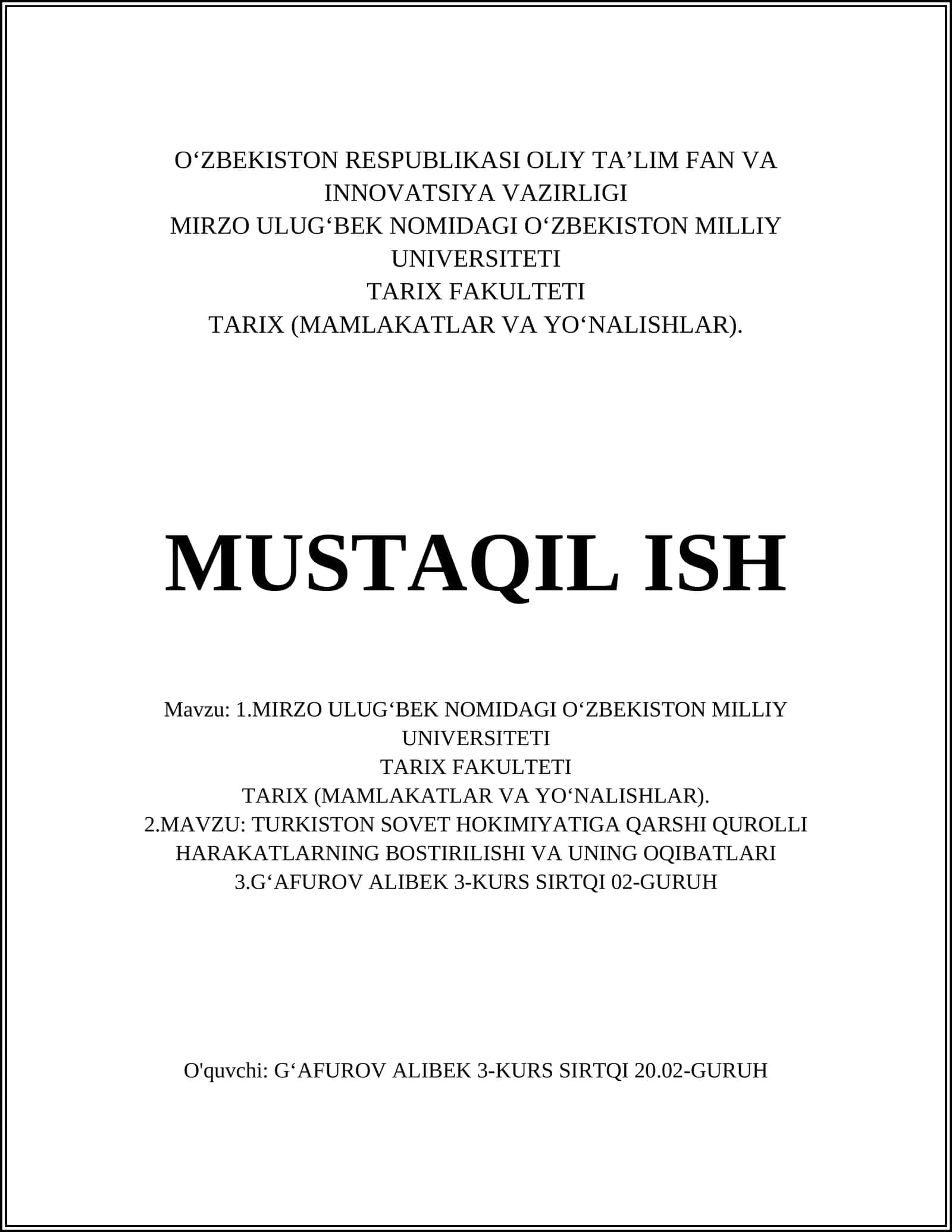 TURKISTON SOVET HOKIMIYATIGA QARSHI QUROLLI HARAKATLARNING BOSTIRILISHI VA UNING OQIBATLARI 1
