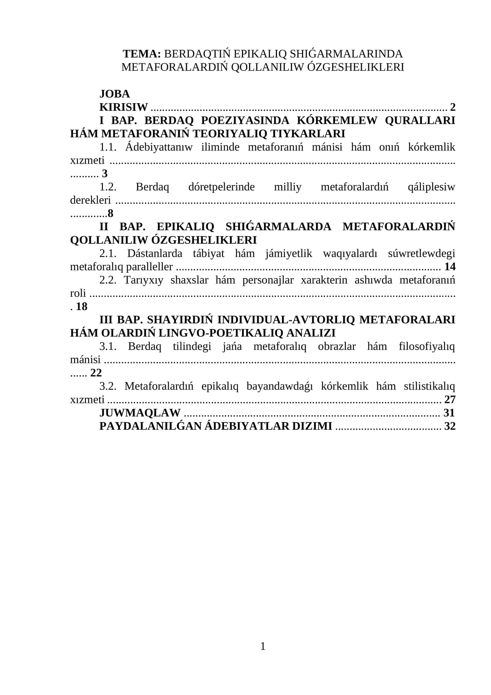 BERDAQTIŃ EPIKALIQ SHIǴARMALARINDA METAFORALARDIŃ QOLLANILIW ÓZGESHELIKLERI 1