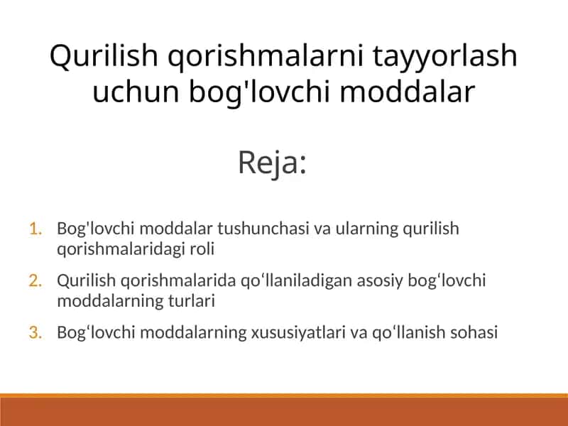 Qurilish qorishmalarni tayyorlash uchun bog'lovchi moddalar 1