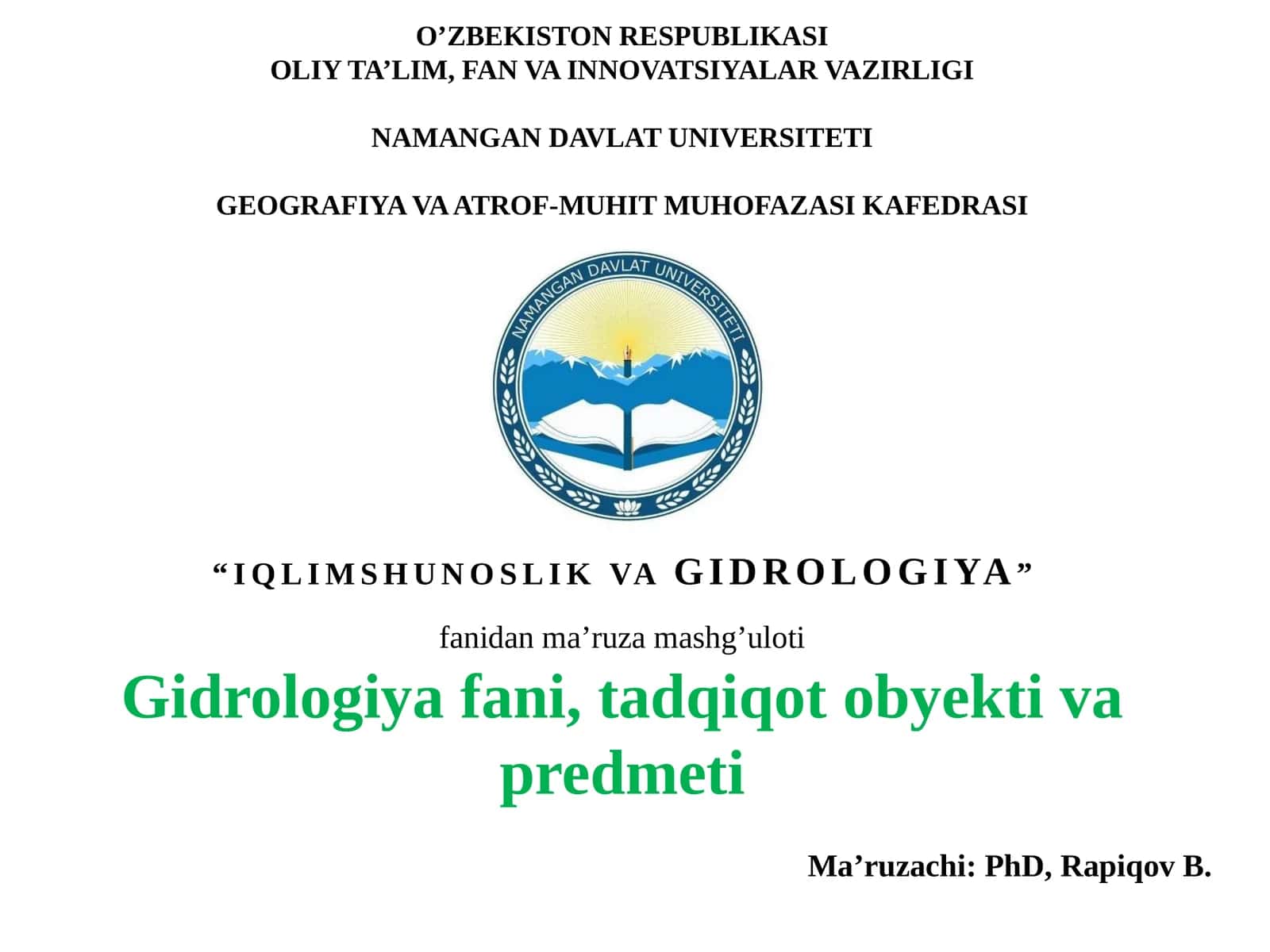 IQLIMSHUNOSLIK VAGIDROLOGIYA fanidanma’ruzama shg’uloti 1