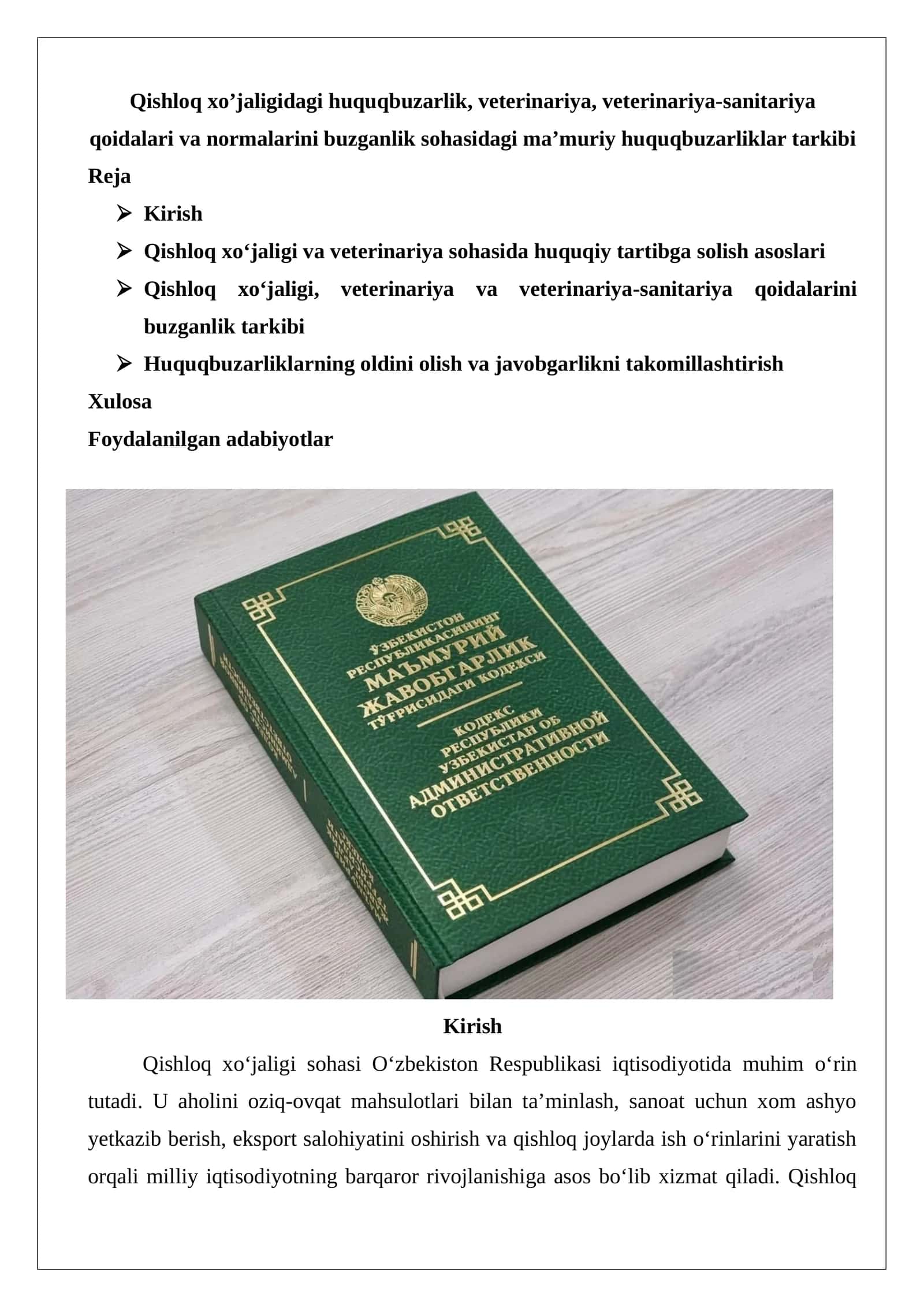 Qishloq xo’jaligidagi huquqbuzarlik, veterinariya, veterinariya-sanitariya qoidalari va normalarini buzganlik sohasidagi ma’muriy huquqbuzarliklar tarkibi 1