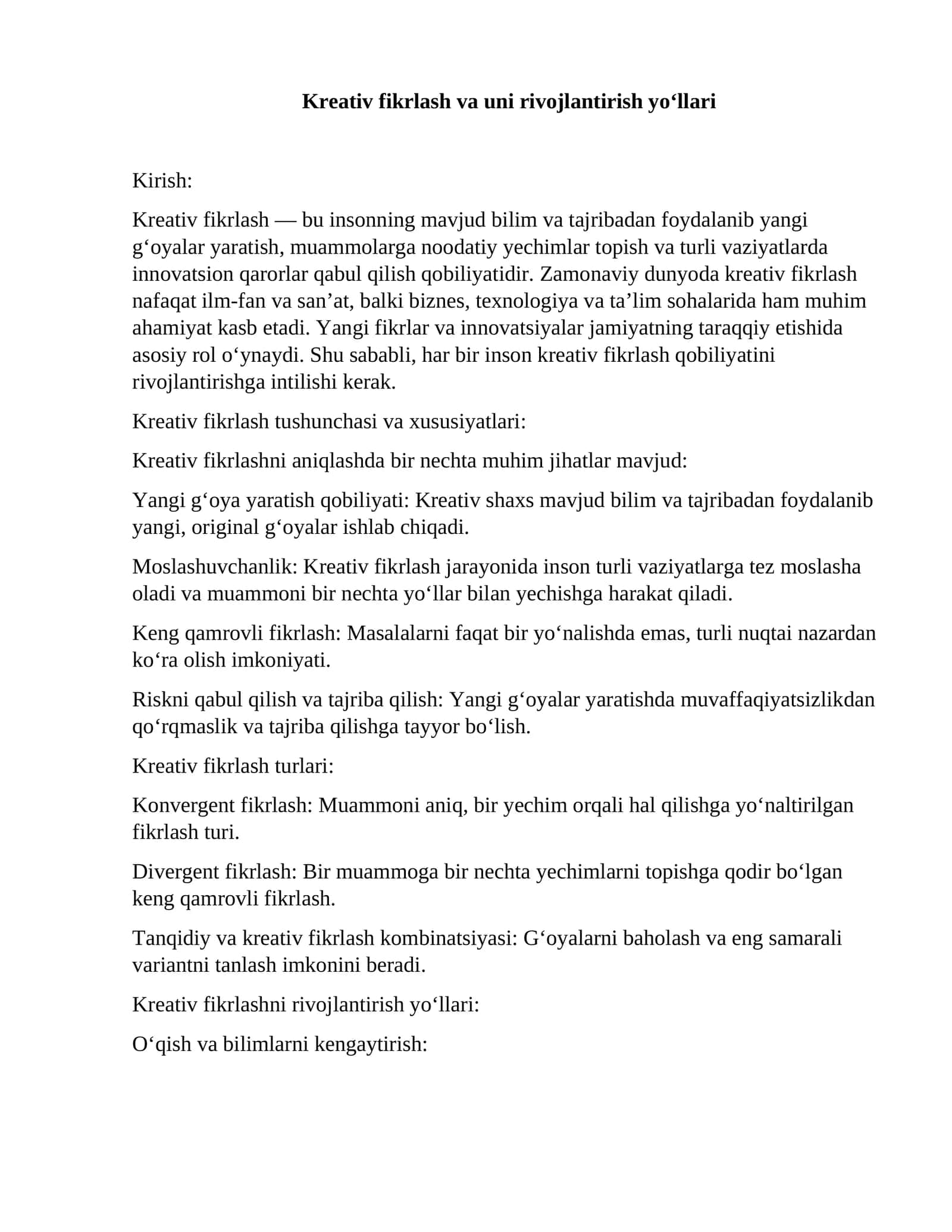 Kreativ fikrlash va uni rivojlantirish yo‘llari 1