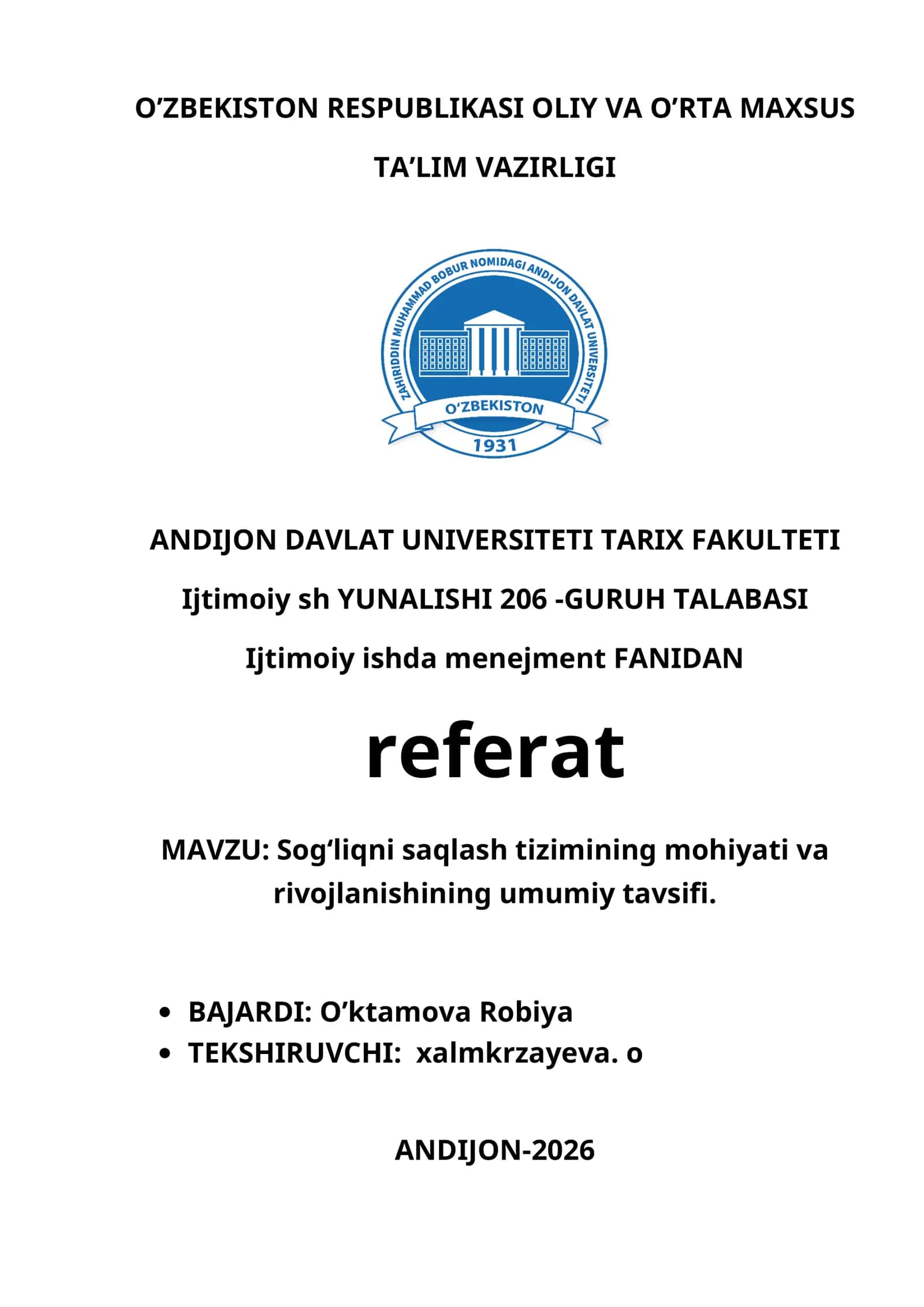 Sog‘liqni saqlash tizimining mohiyati va rivojlanishining umumiy tavsifi 1