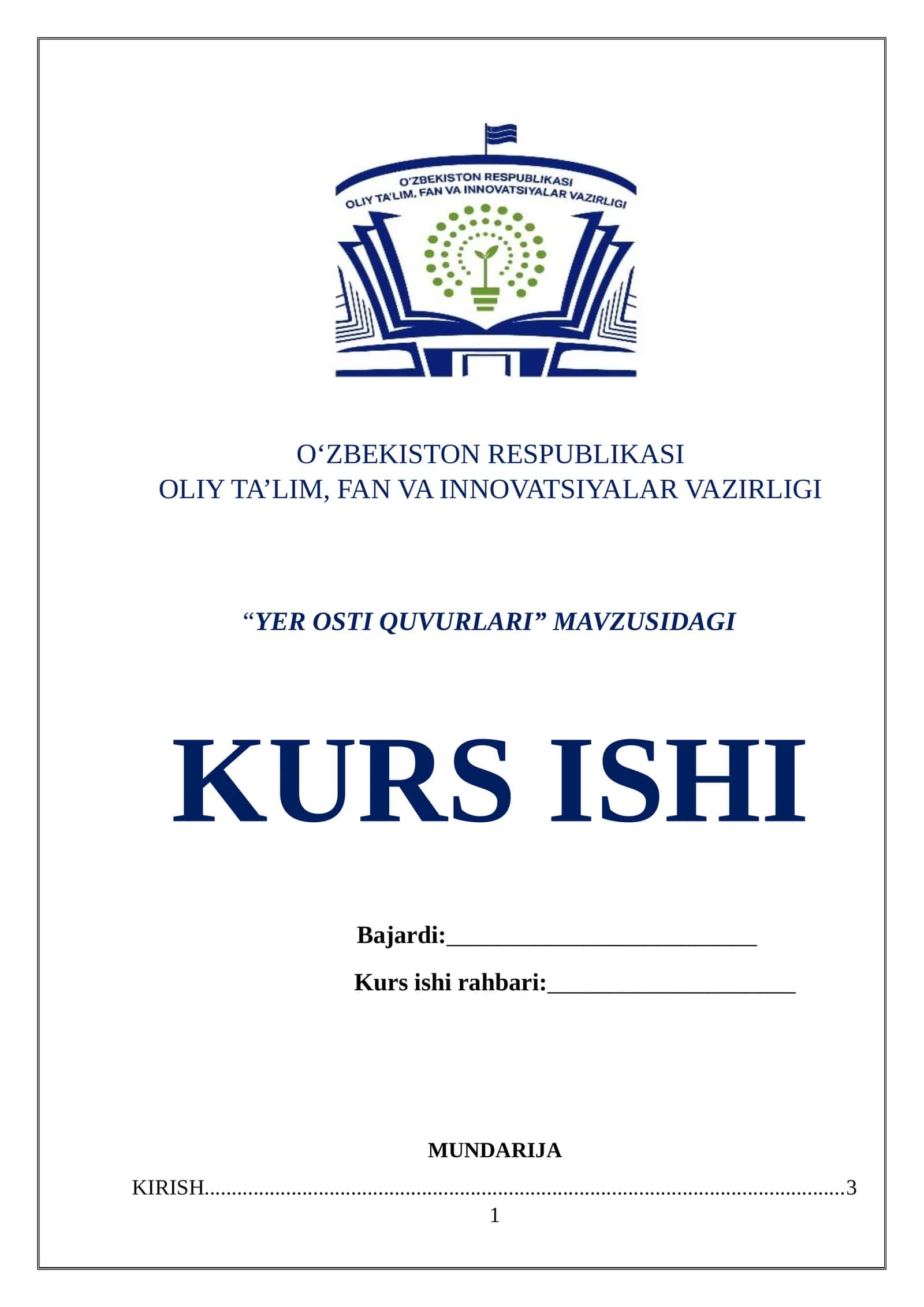 “YER OSTI QUVURLARI” MAVZUSIDAGI KURS ISHI 1