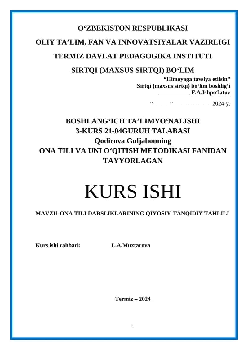 ONA TILI VA UNI O‘QITISH METODIKASI FANIDAN TAYYORLAGAN 1