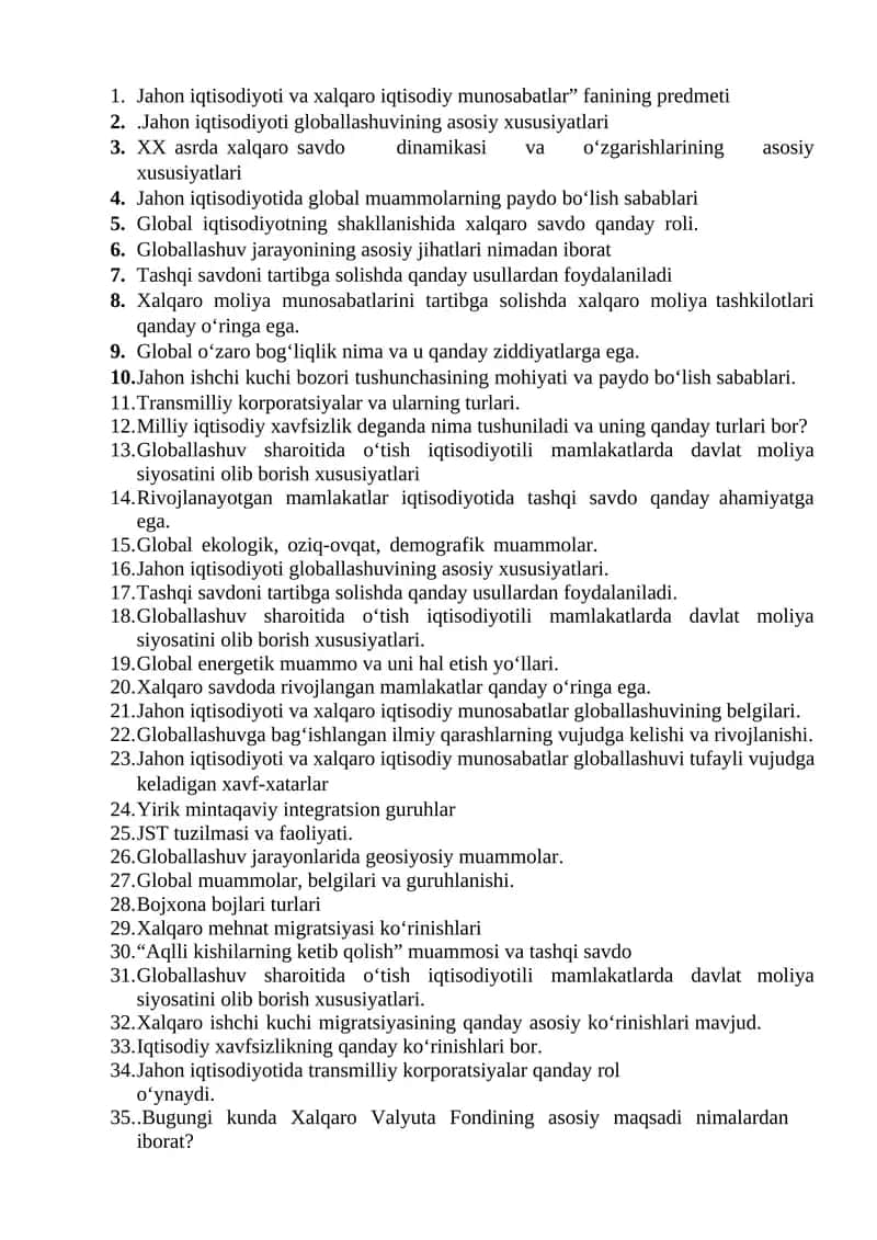 Jahon iqtisodiyoti va xalqaro iqtisodiy munosabatlar” fanining predmeti 1