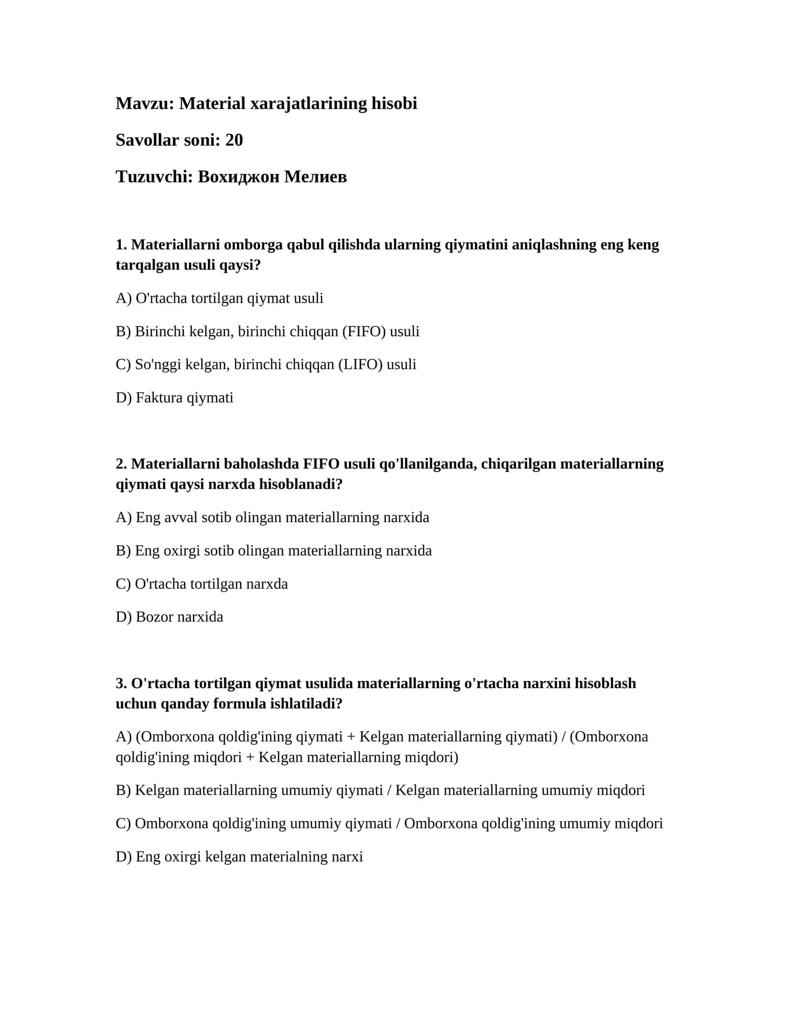 Material xarajatlarining hisobi 1