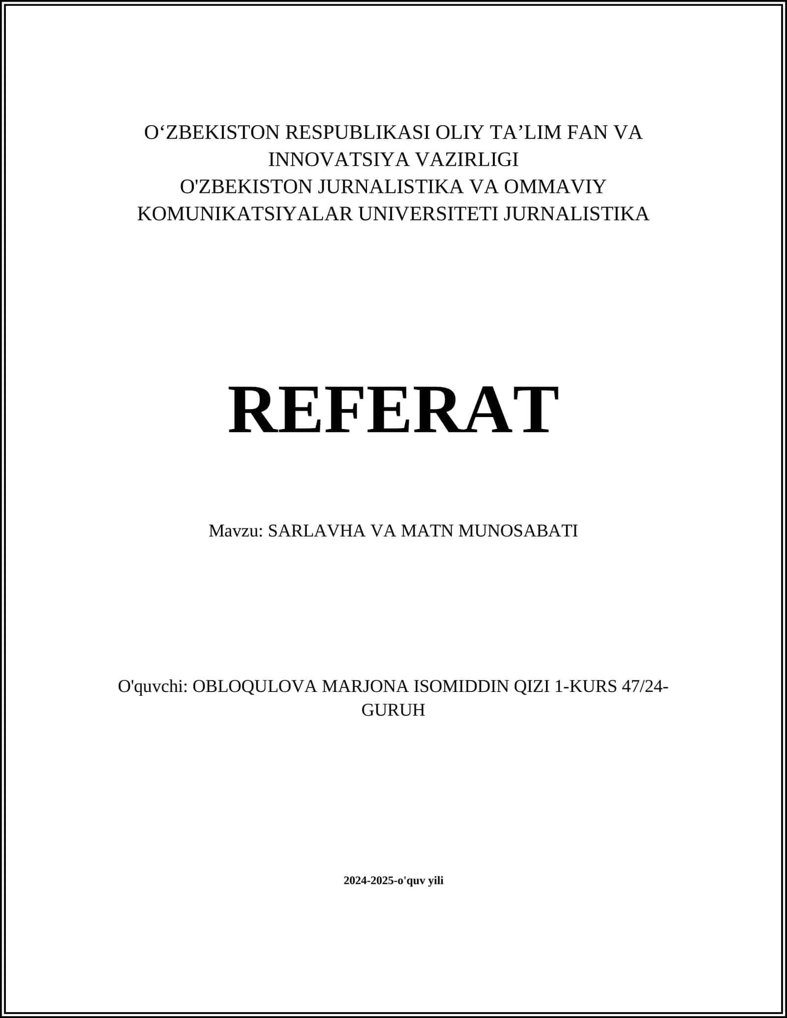 SARLAVHA VA MATN MUNOSABATI 1