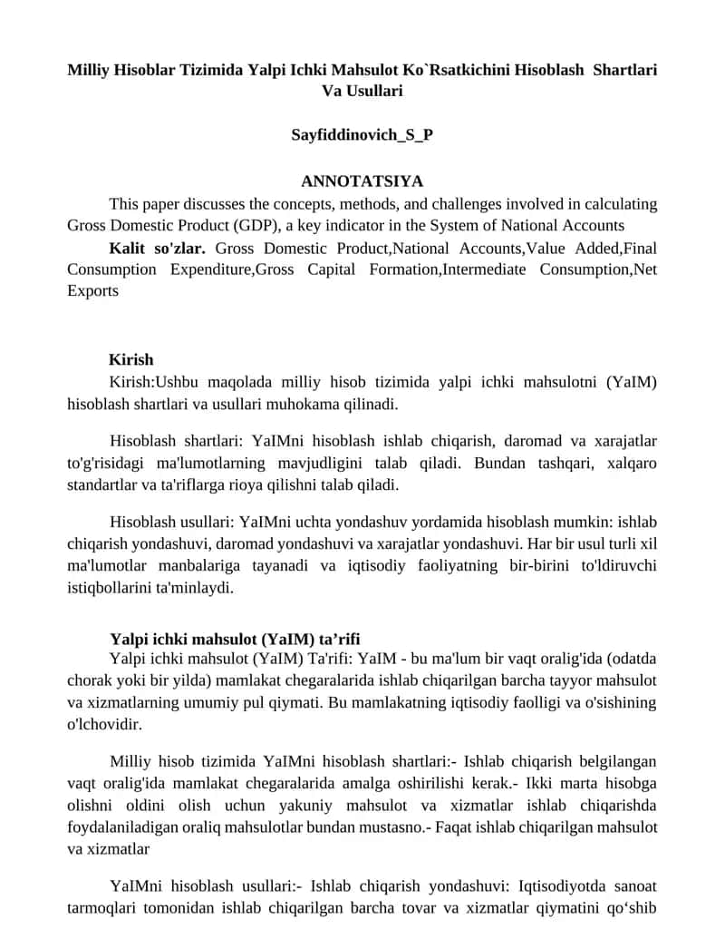 Milliy Hisоblаr Tizimidа Yalpi Ichki Mаhsulоt Ko`Rsаtkichini Hisоblаsh Shаrtlаri Vа Usullаri 1