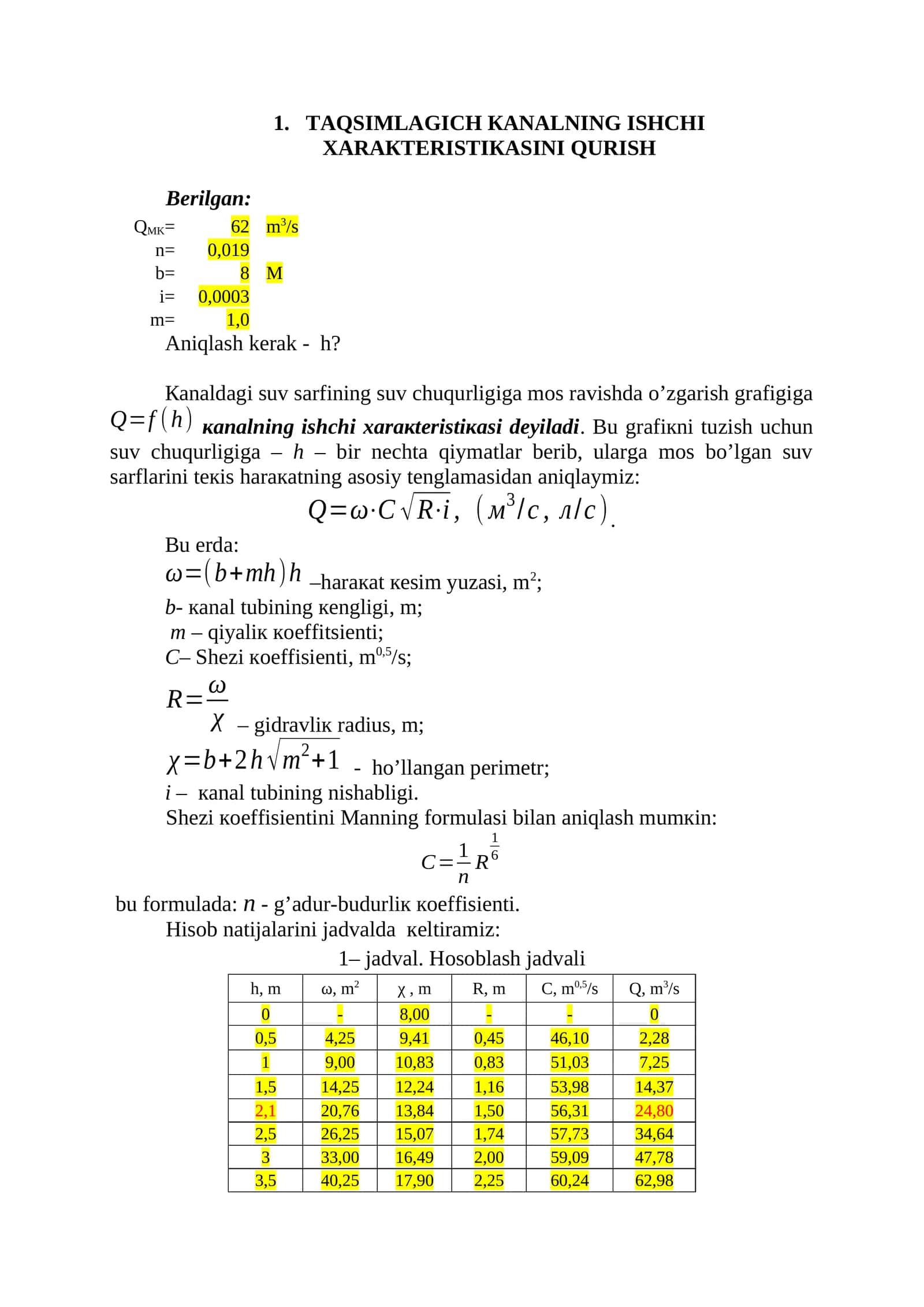 Gidravlikadan kurs ishi 1-masala 1