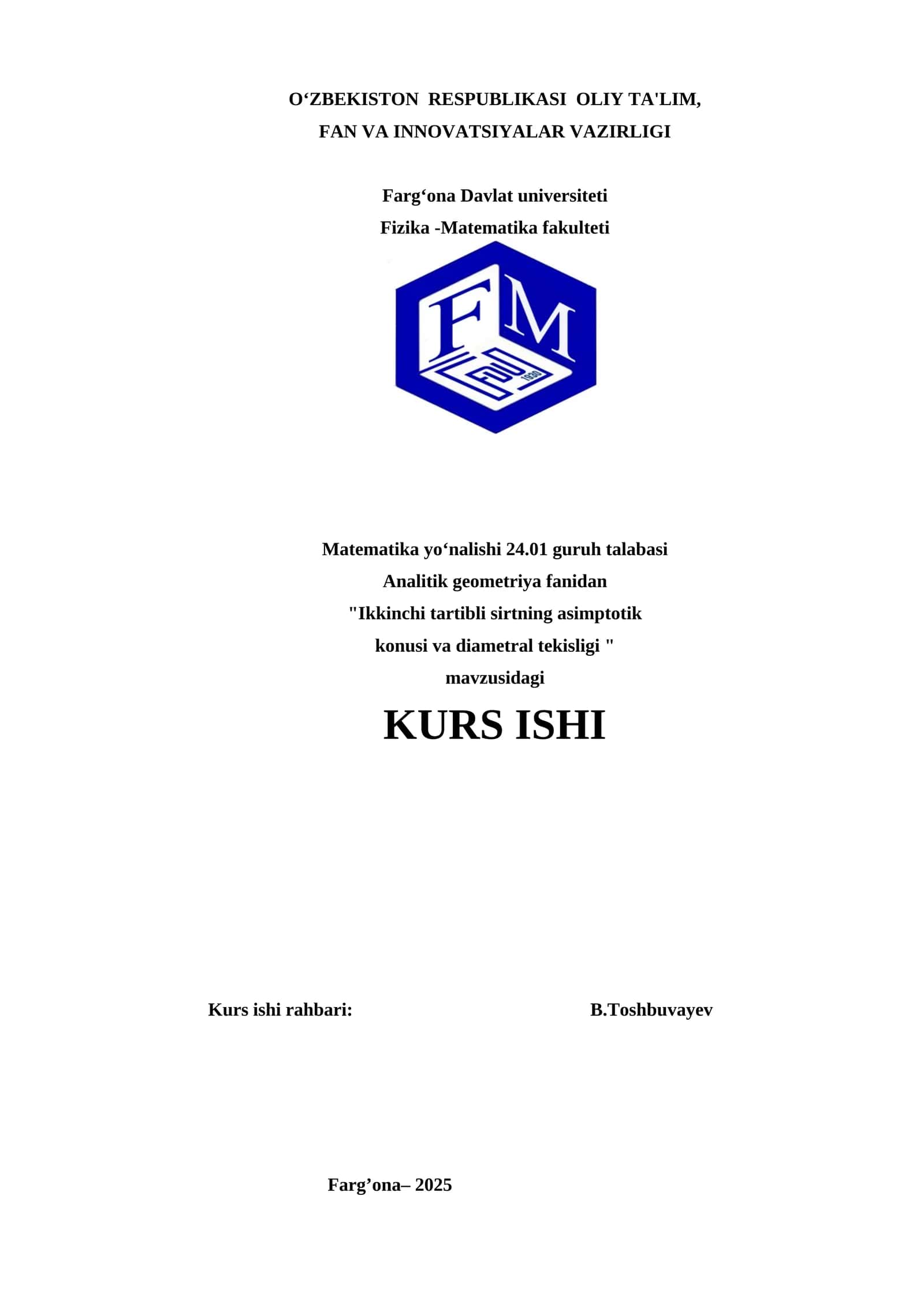 Ikkinchi tartibli sirtning asimptotik konusi va diametral tekisligi 1