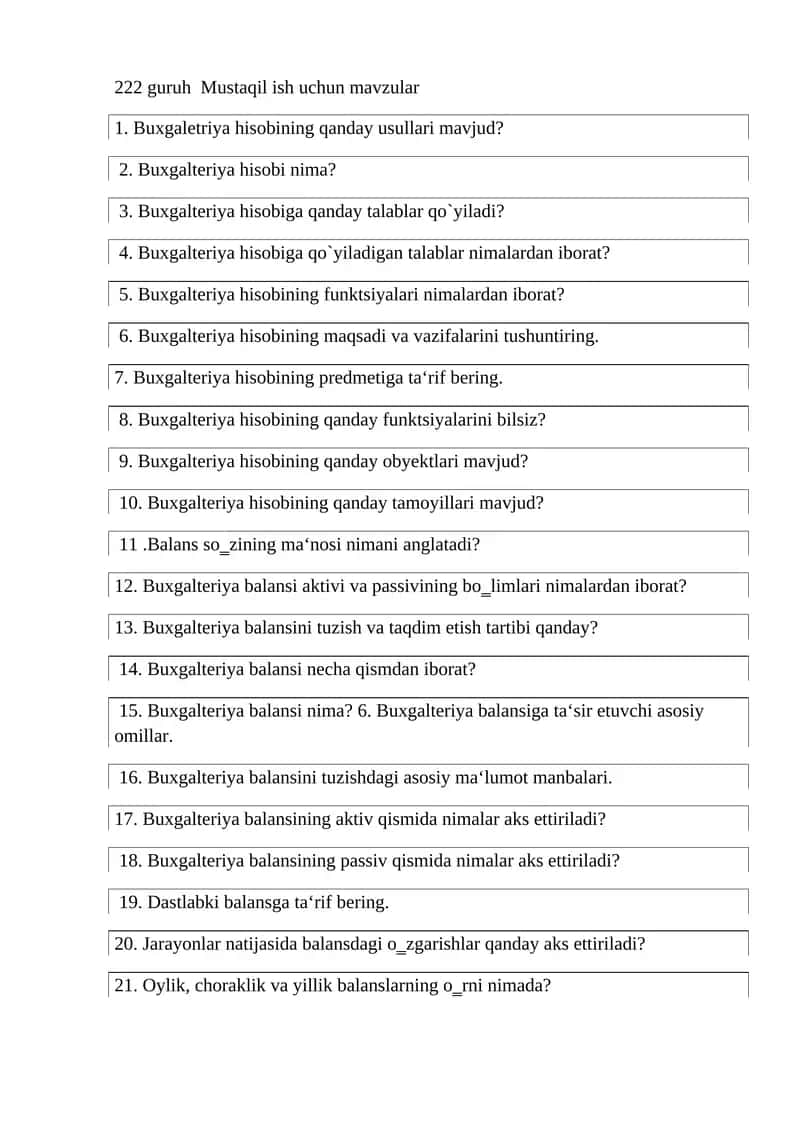Mustaqil ish uchun Buxgalteriya hisobi mavzulari 1