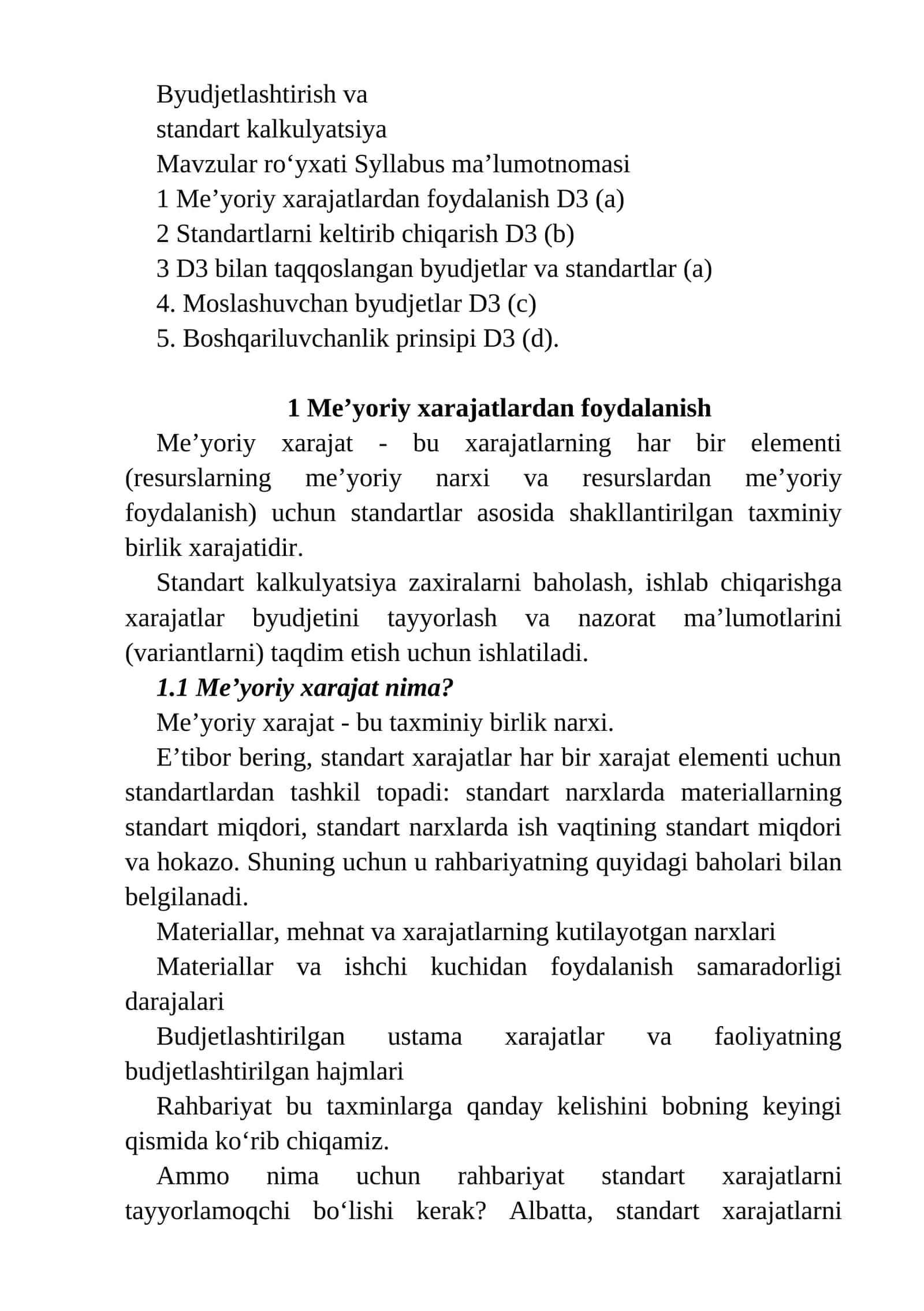 Byudjetlashtirish va standart kalkulyatsiya 1