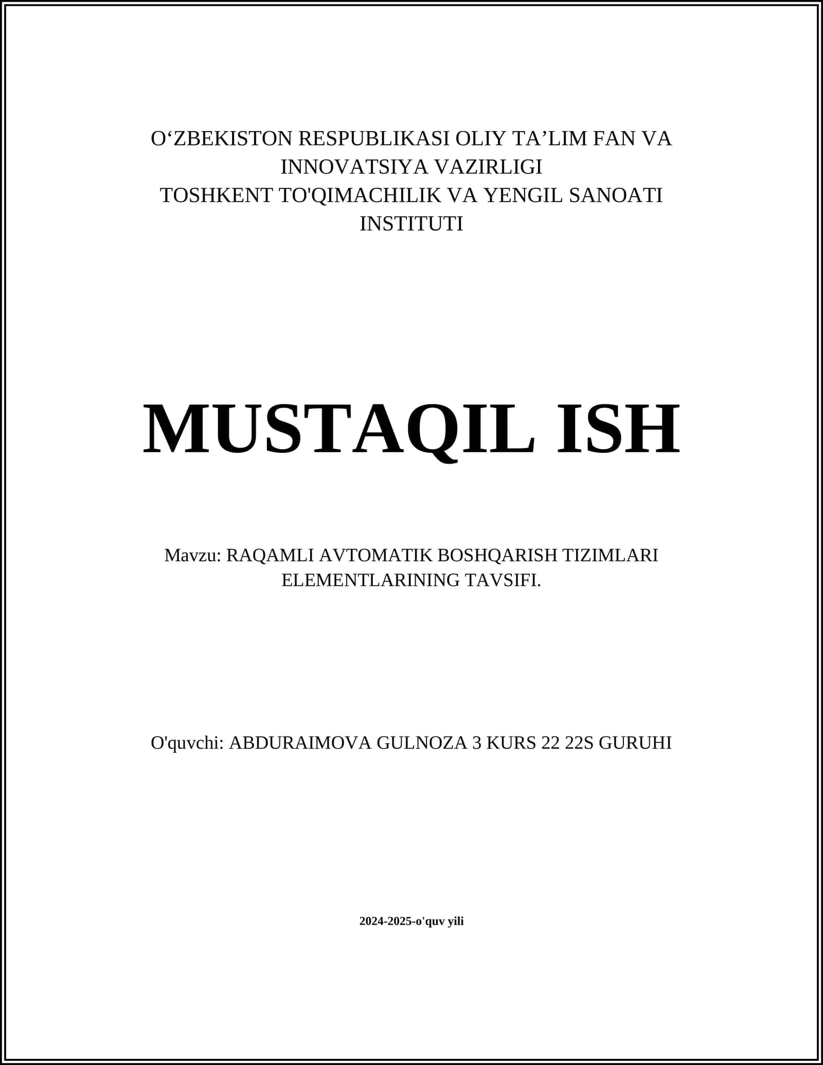 RAQAMLI AVTOMATIK BOSHQARISH TIZIMLARI ELEMENTLARINING TAVSIFI 1