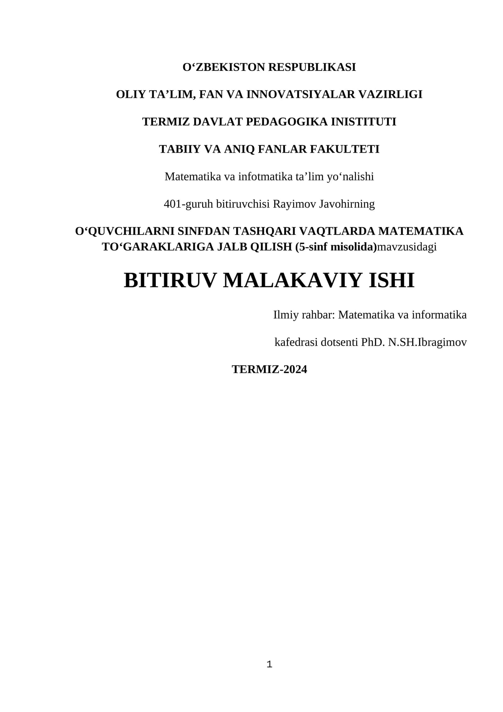 Matematikada sinfdan tashqari ishlarni o’tkazish metodikasi 1
