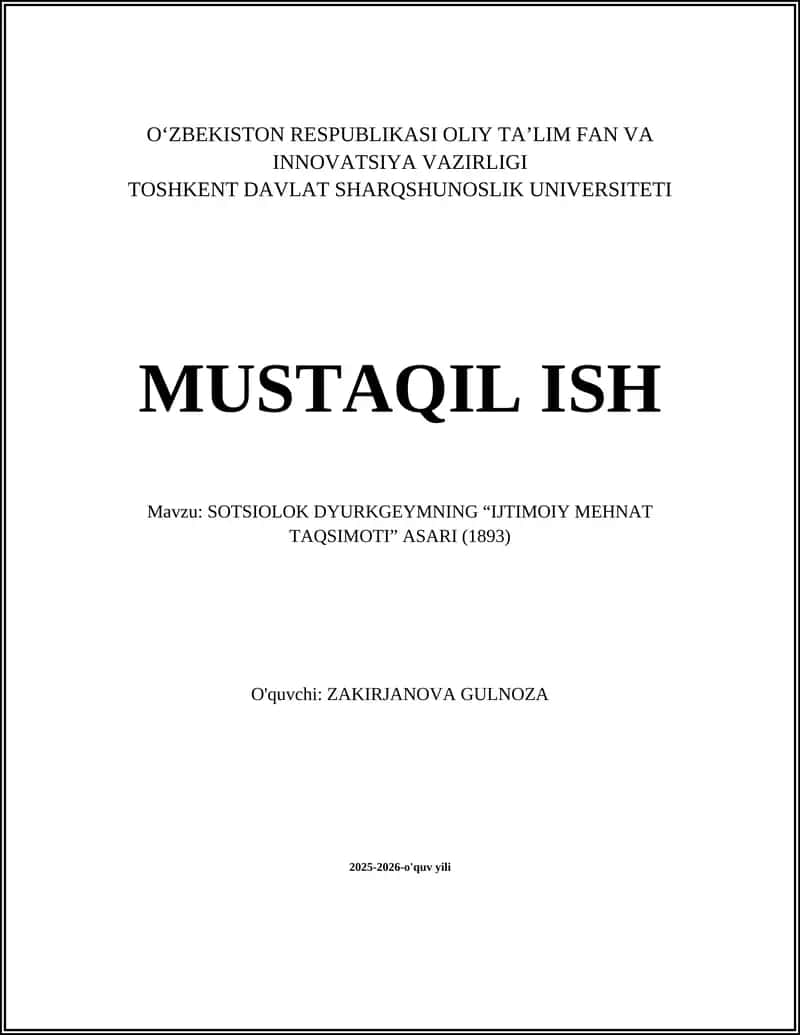 SOTSIOLOK DYURKGEYMNING “IJTIMOIY MEHNAT TAQSIMOTI” ASARI (1893) 1