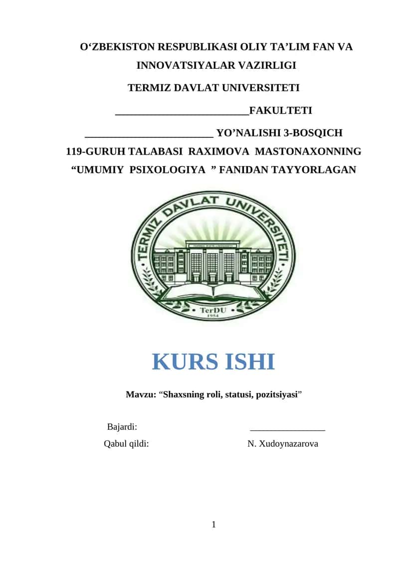 “UMUMIY PSIXOLOGIYA ” KURS ISHI 1