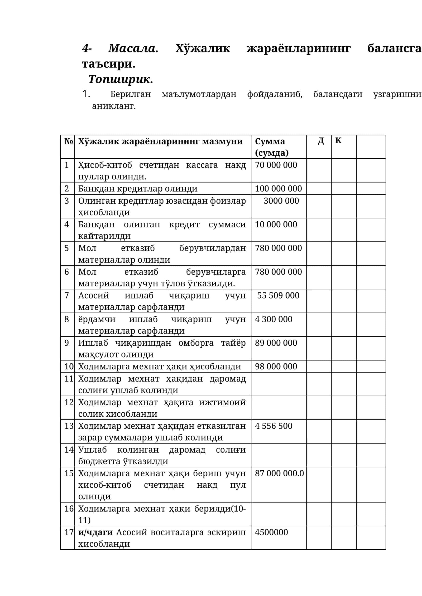 Хўжалик жараёнларининг балансга таъсири 1