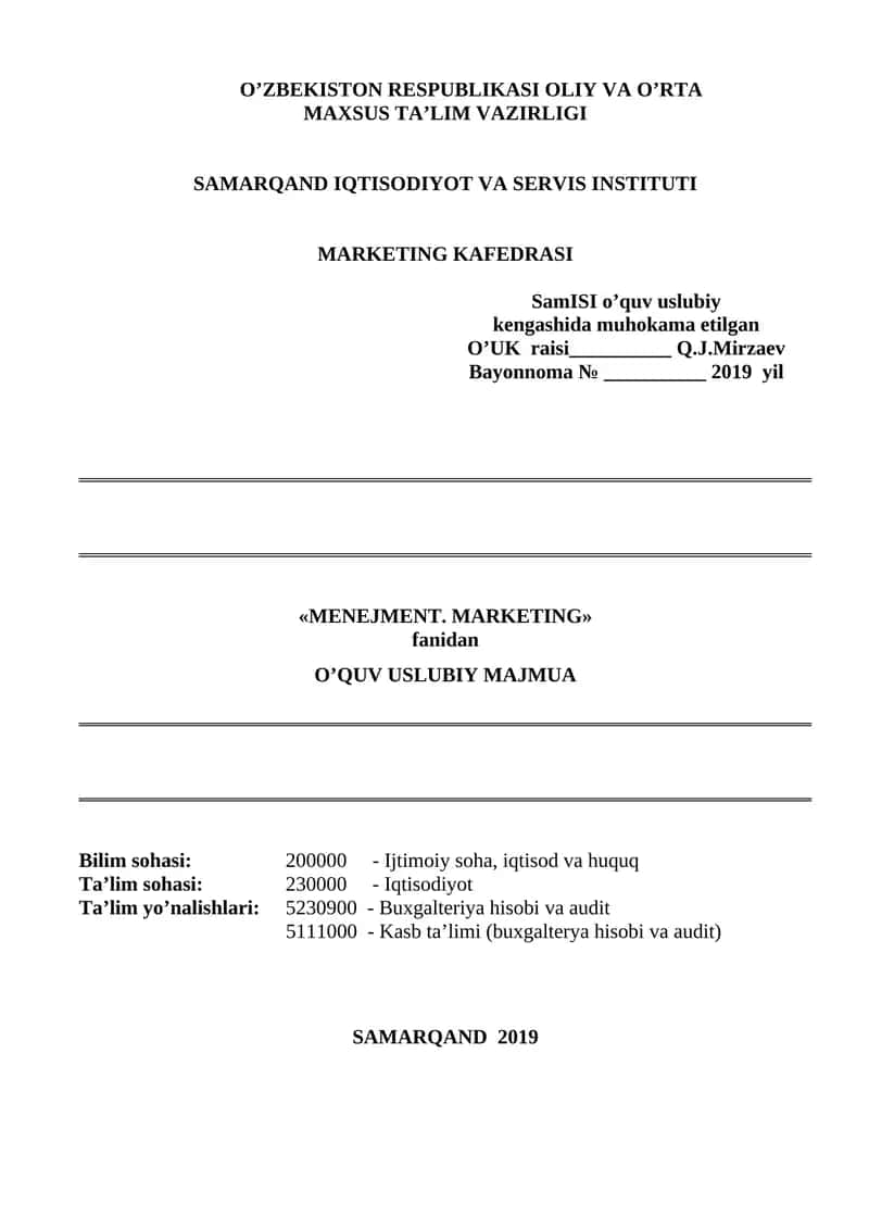Menejment.Marketing fanidan O'quv Uslubiy Majmua 1