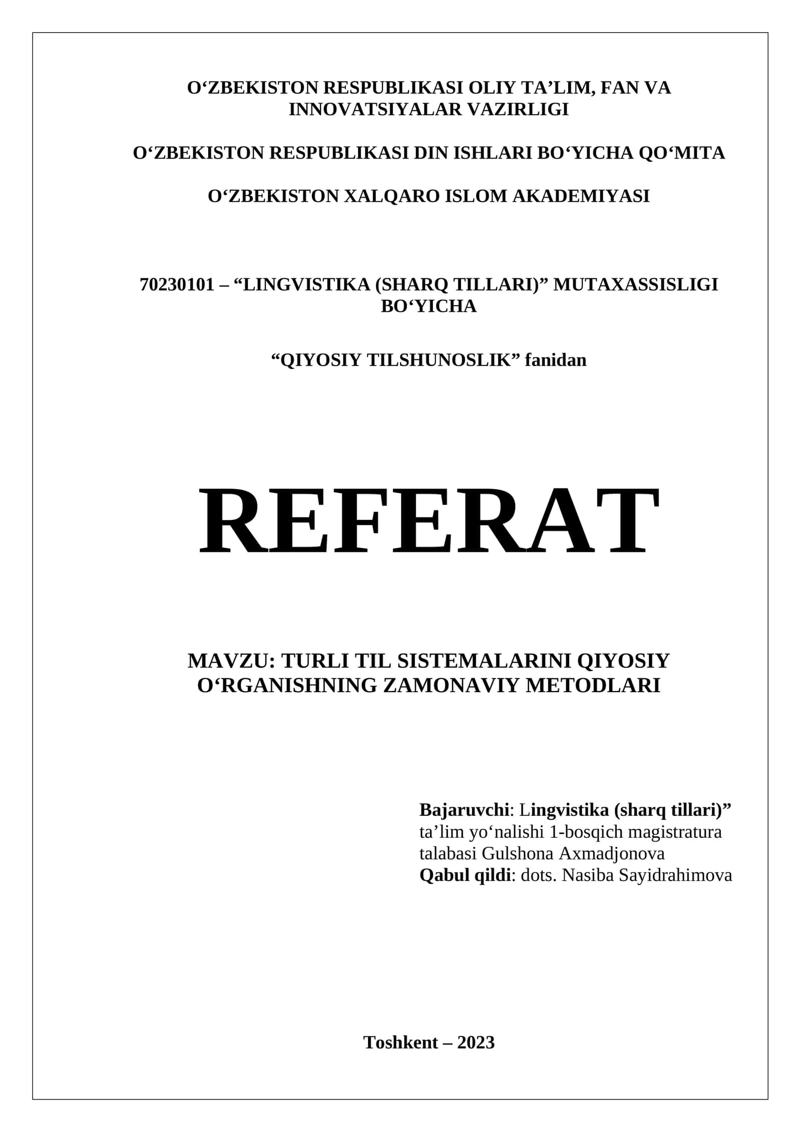 REFERAT Turli til sistemalarini qiyosiy o'rganishning zamonaviy metodlari 1
