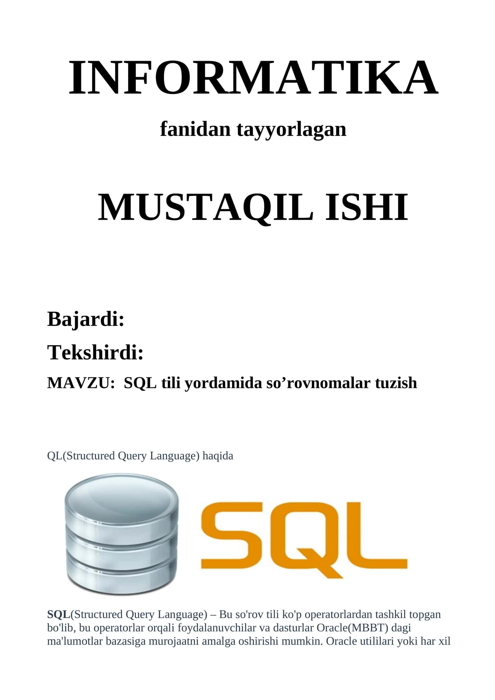 SQL tili yordamida so’rovnomalar tuzish 1