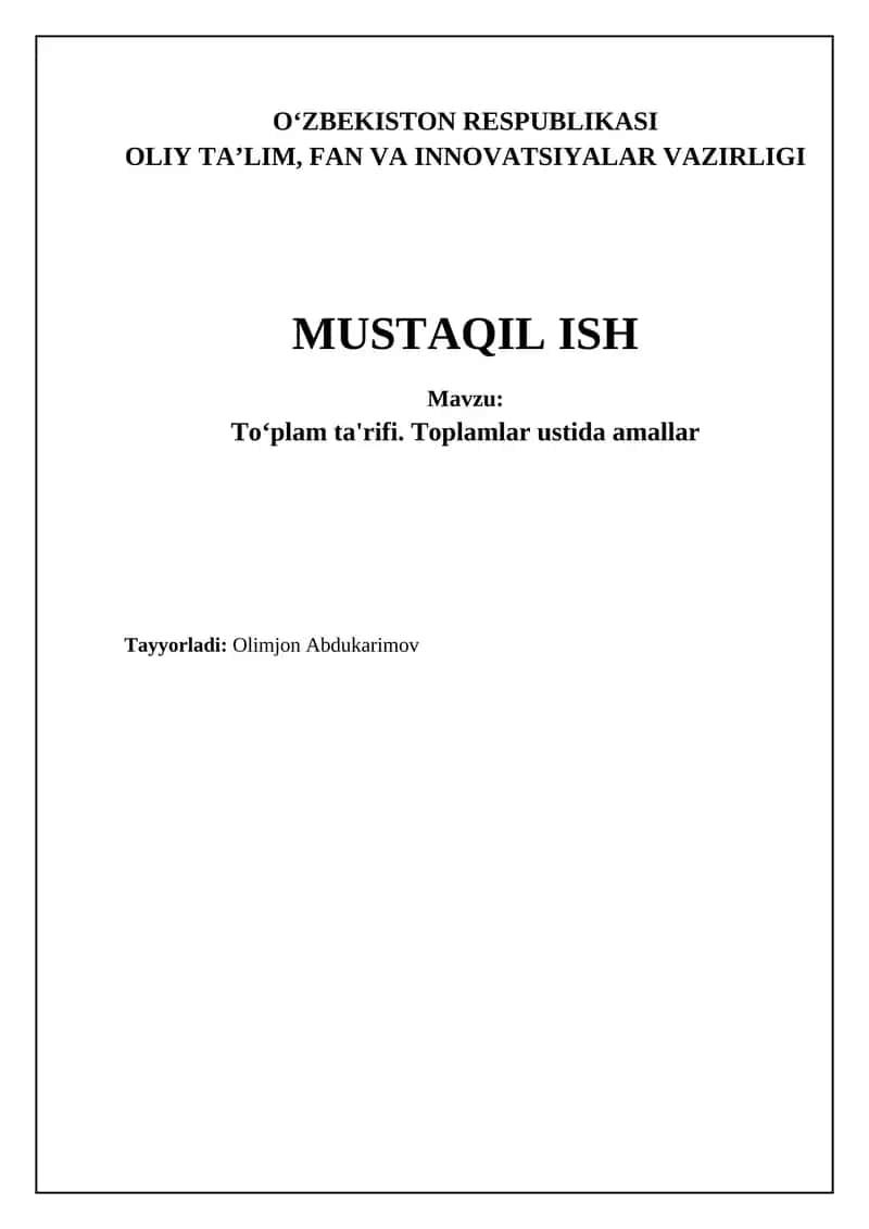 Toʻplam ta'rifi. Toplamlar ustida amallar 1