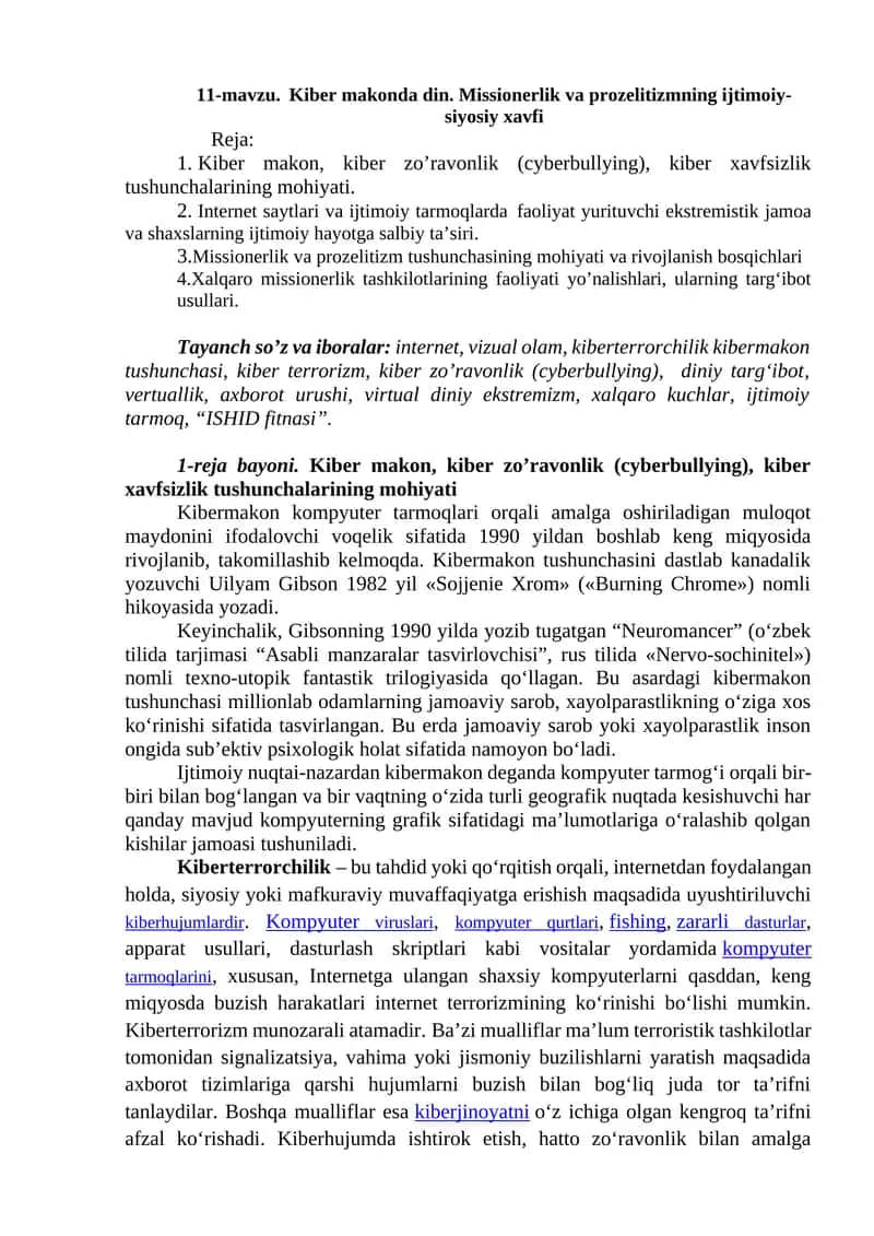 Kiber makonda din. Missionerlik va prozelitizmning ijtimoiy- siyosiy xavfi 1