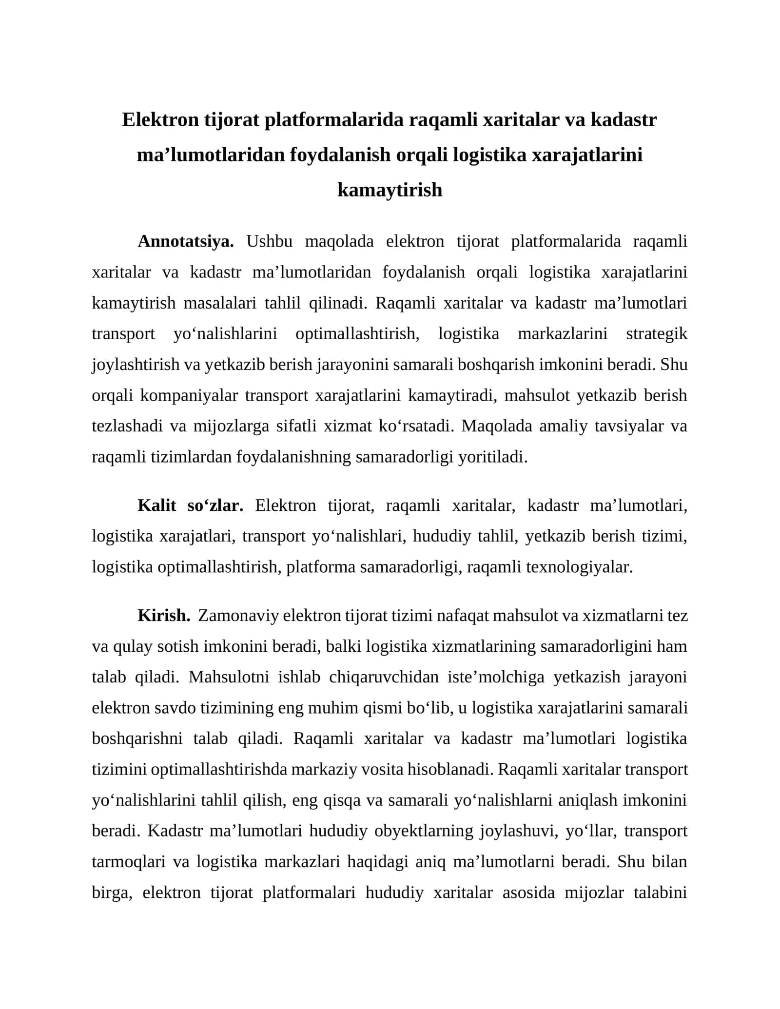 Elektron tijorat platformalarida raqamli xaritalar va kadastr ma’lumotlaridan foydalanish orqali logistika xarajatlarini kamaytirish 1