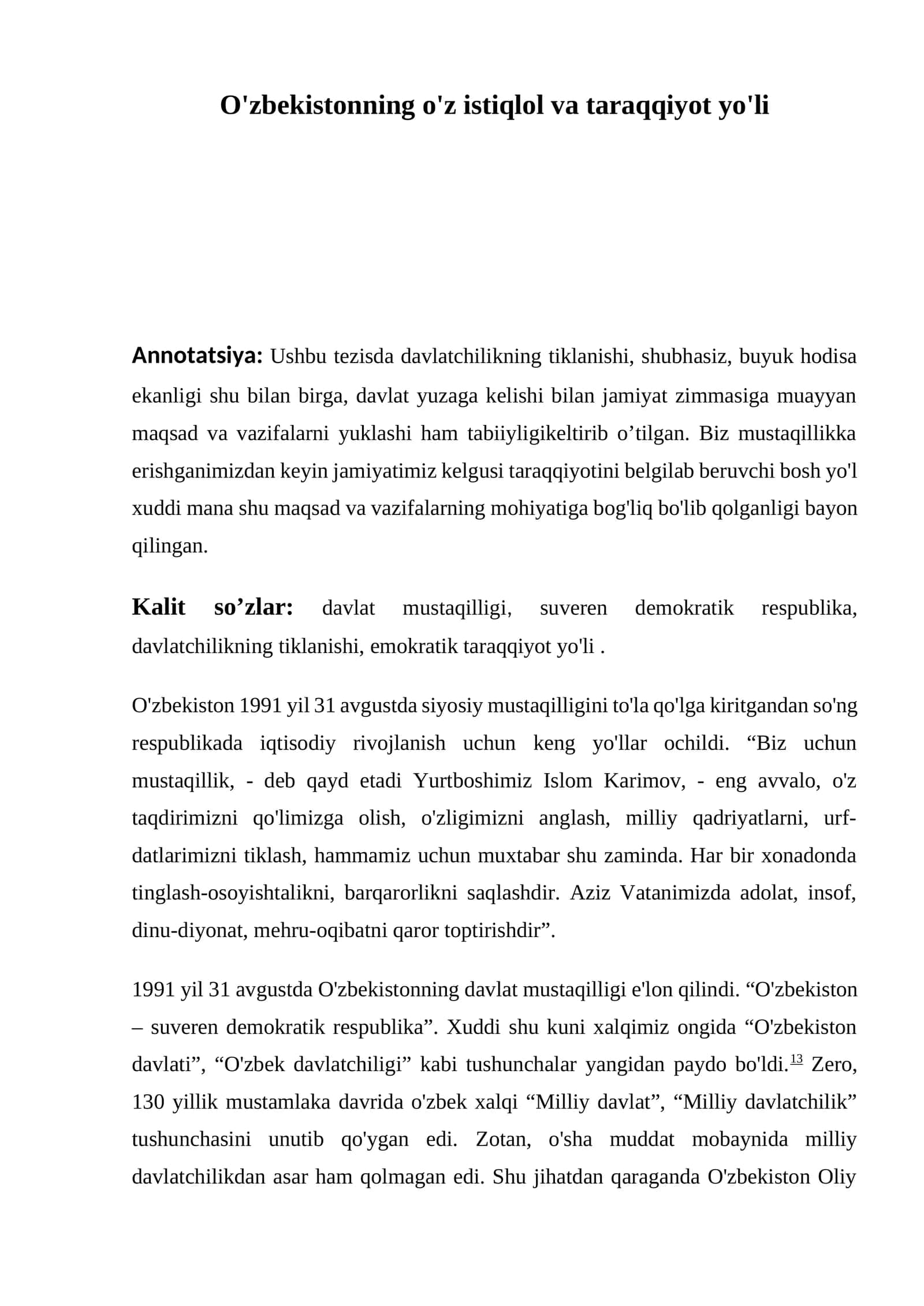 O'zbekistonning o'z istiqlol va taraqqiyot yo'li 1