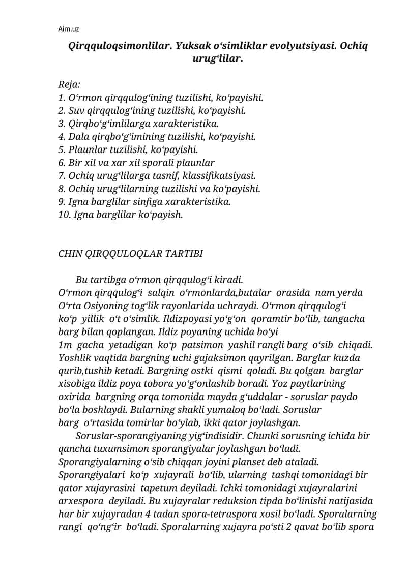 Qirqquloqsimonlilar. Yuksak o‘simliklar evolyutsiyasi. Ochiq urug‘lilar. 1
