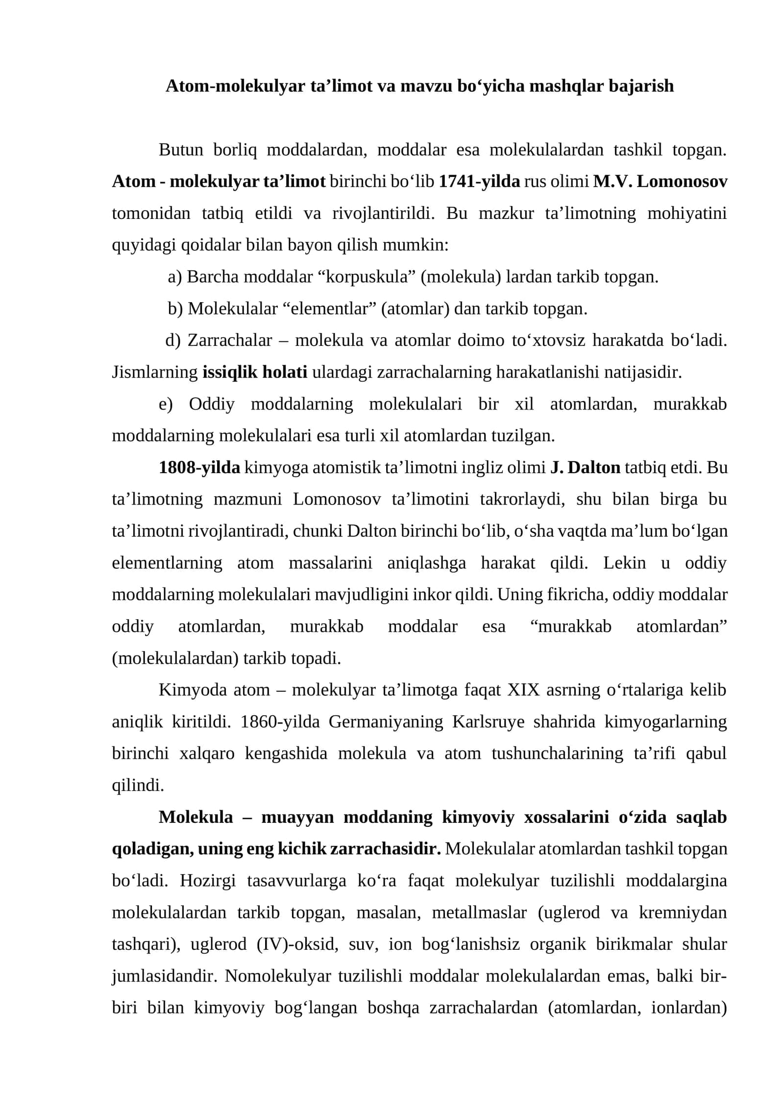 Atom-molekulyar ta’limot va mavzu boʻyicha mashqlar bajarish 1