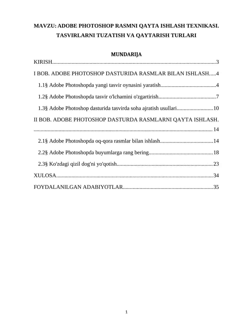 ADOBE PHOTOSHOP RASMNI QAYTA ISHLASH TEXNIKASI. TASVIRLARNI TUZATISH VA QAYTARISH TURLARI 1