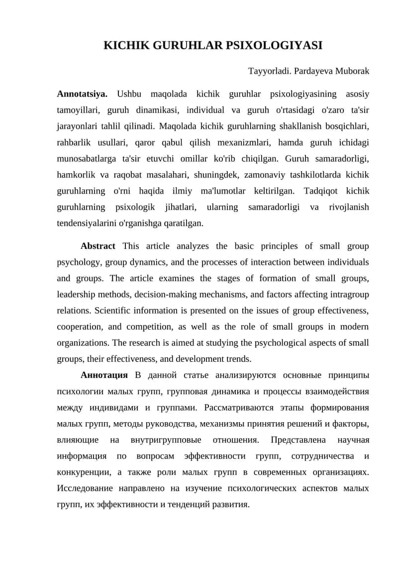 KICHIK GURUHLAR PSIXOLOGIYASI 1