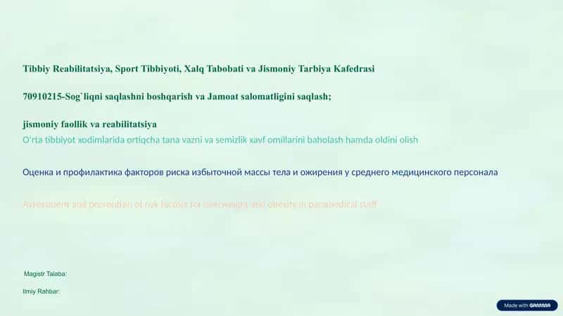 Semizlik. O'rtacha tibbiyot xodimining ortiqcha tana vazni. Ortiqcha tana vazni. 1
