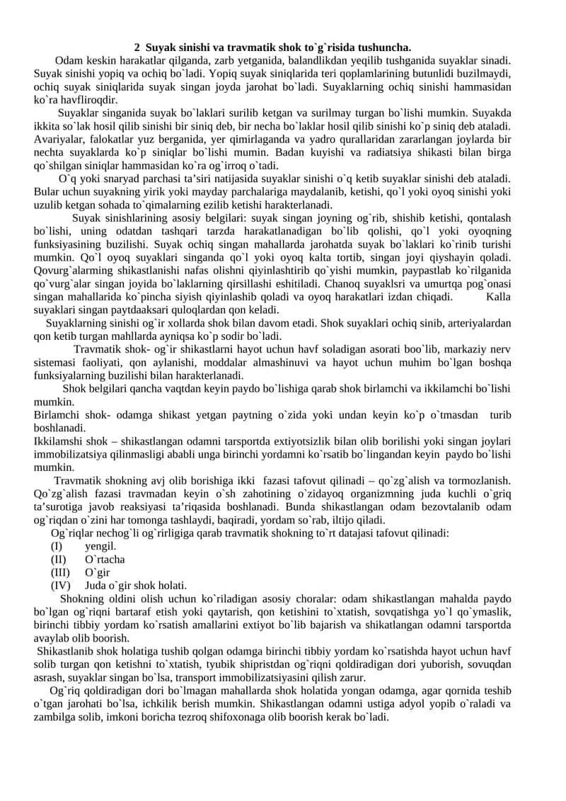 Suyak sinishi va travmatik shok to`g`risida tushuncha 1