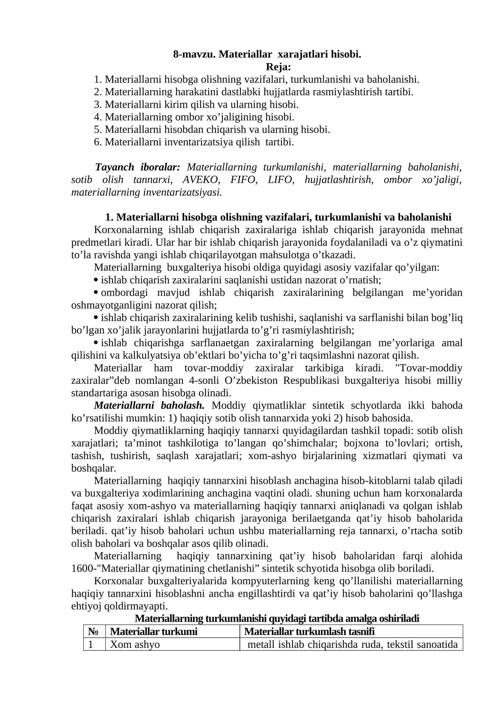8-mаvzu. Mаtеriаllаr xarajatlari hisоbi 1
